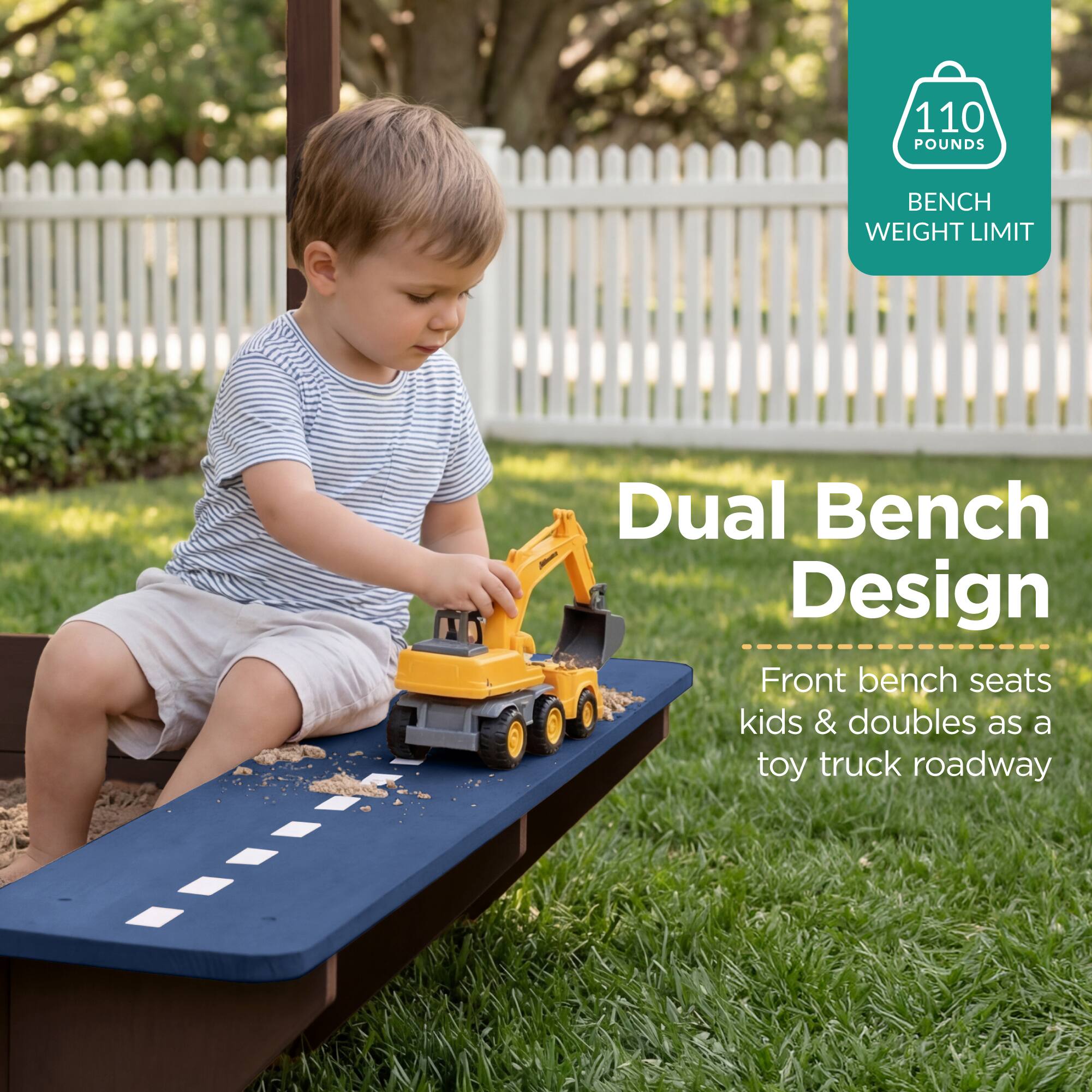 110 POUNDS BENCH WEIGHT LIMIT

Dual Bench Design

Front bench seats kids & doubles as a toy truck roadway