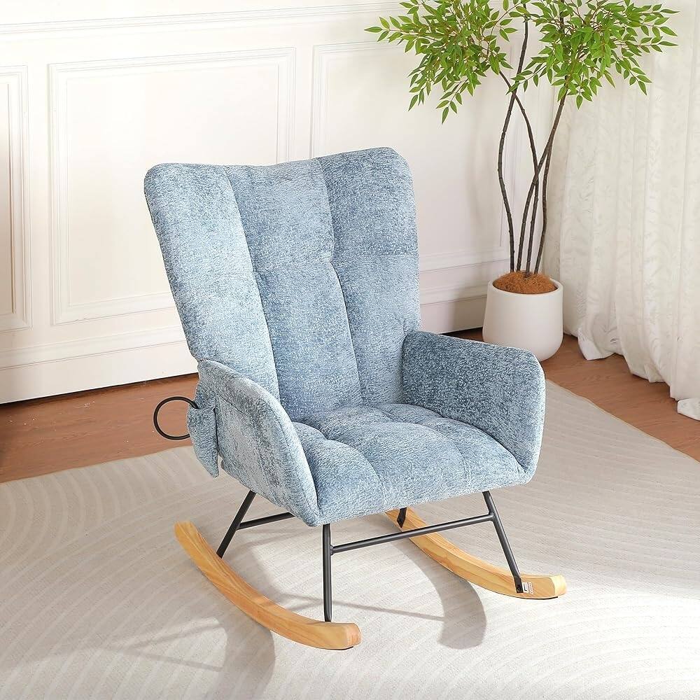 Front. Loheer - Loheer Modern Accent Rocking Chair Beige Teddy Nursery Glider Rocker with Solid Wood Legs High Backrest Lounge Arm Chair - Beige.