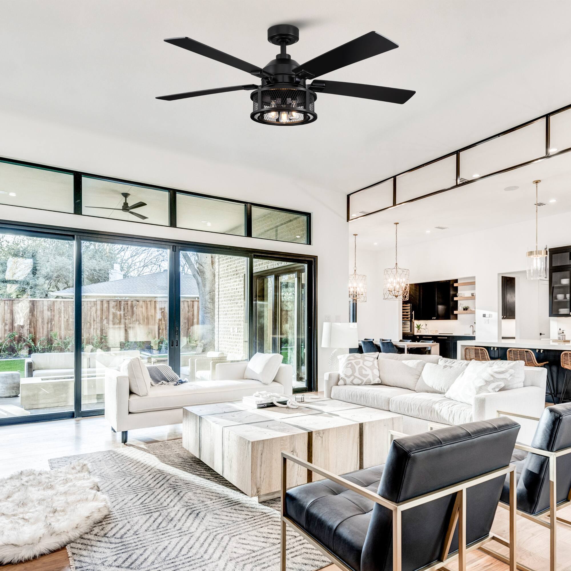 Angle. Parrot Uncle - 52" Industrial Reversible Wood 5-Blade Black Ceiling Fan with Light and Remote - Black.