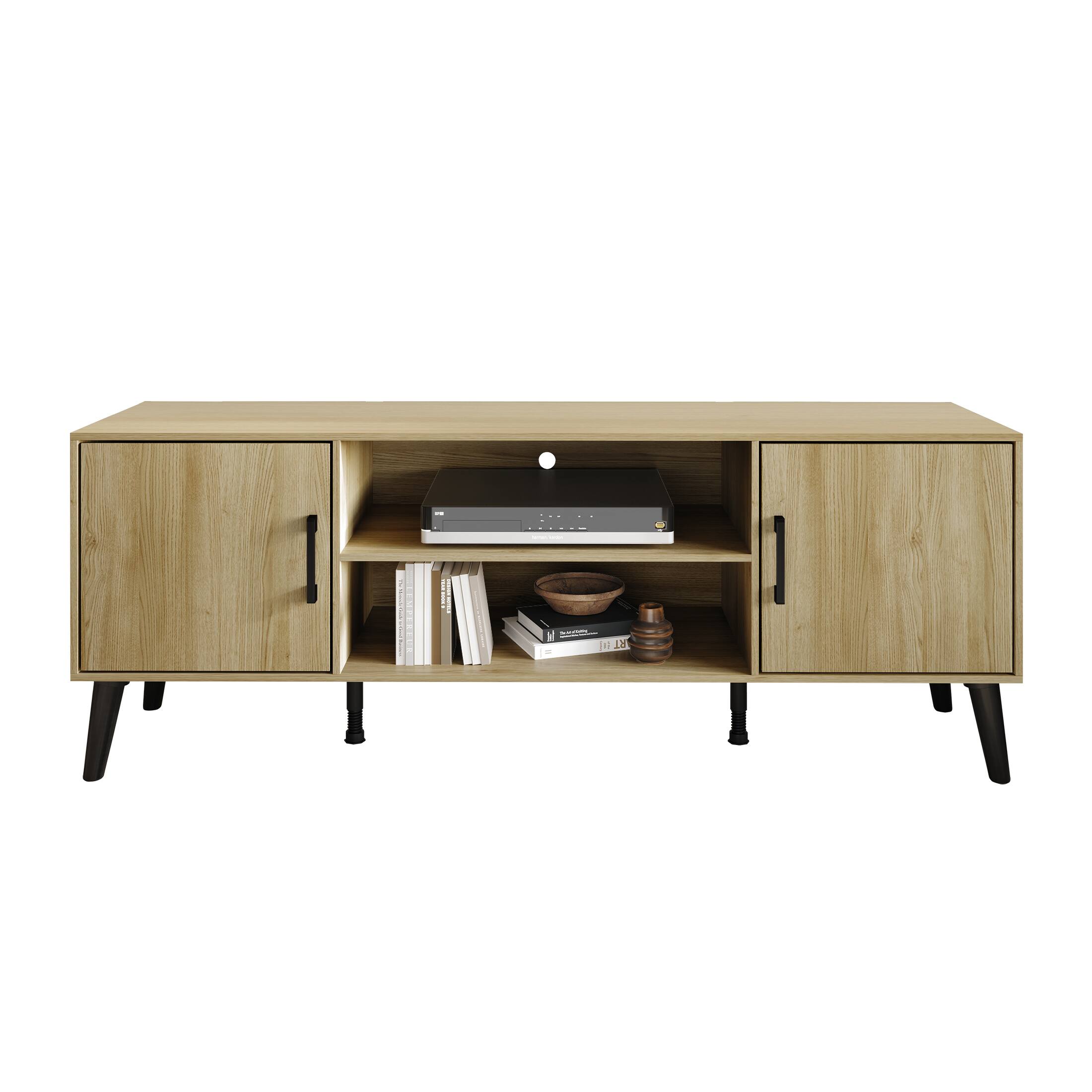 Alt View 2. ChaletPosh - Modern TV Console with 2 Cabinets and Open Shelving, Sanremo Light Oak - Light Oak.