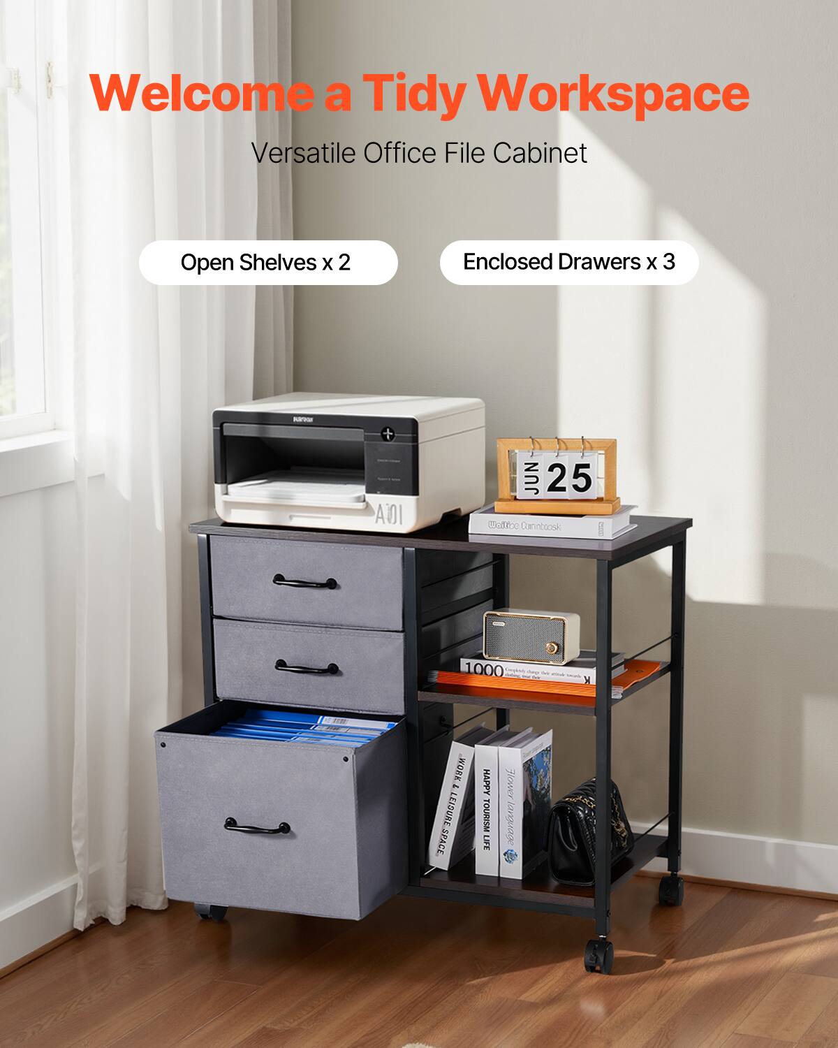 Welcome a Tidy Workspace  
Versatile Office File Cabinet  

Open Shelves x 2  
Enclosed Drawers x 3  

ADI  
JUN 25  
Watttoe Canntoosk  
1000 yien  
WORK LEISURESPACE  
HAPPY TOURISM LIFE  
KIMOIE