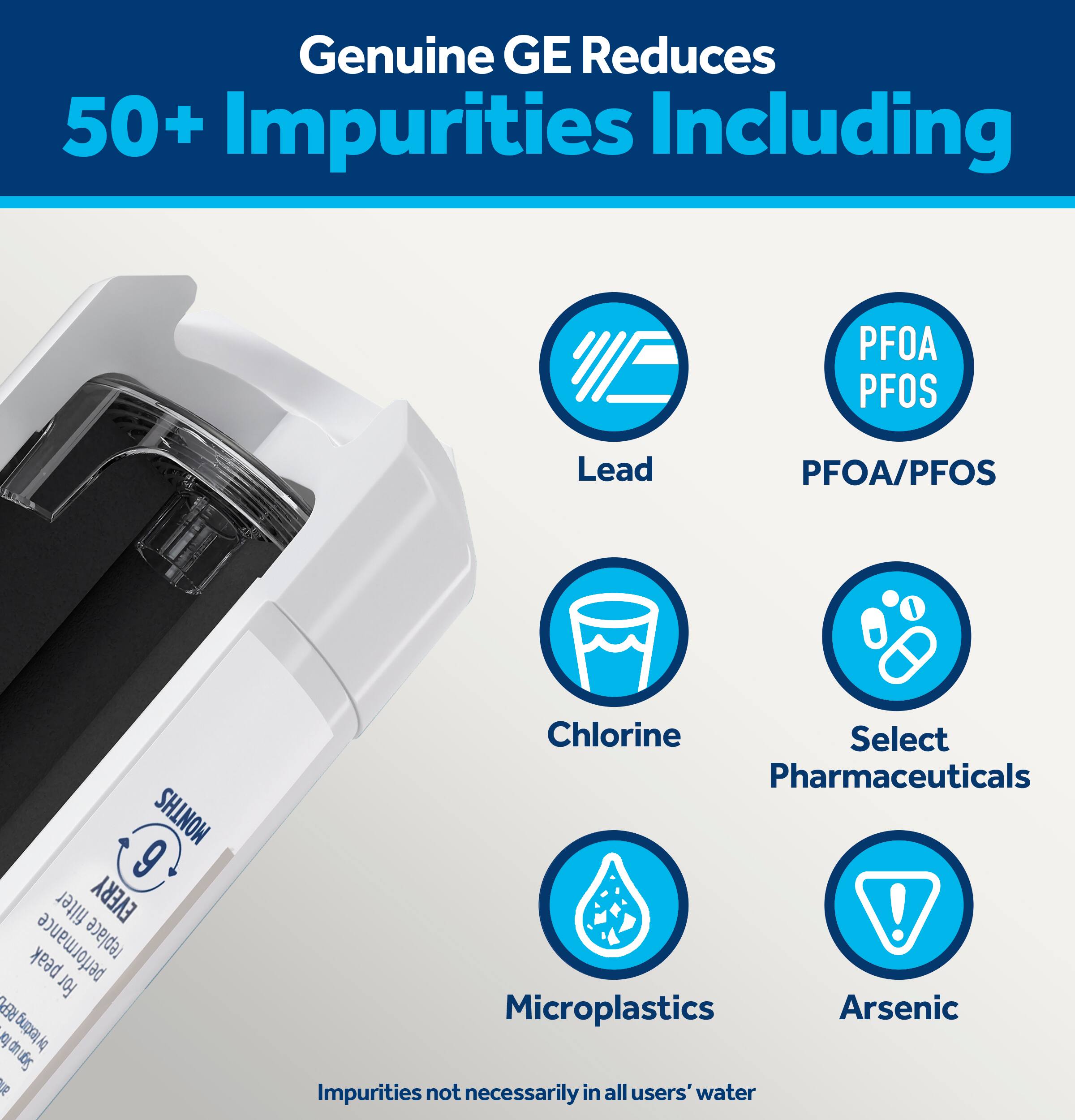 Genuine GE Reduces 50+ Impurities Including PFOA, PFOS, Lead, PFOA/PFOS, Chlorine, Select Pharmaceuticals, Microplastics, Arsenic. Impurities not necessarily in all users' water.