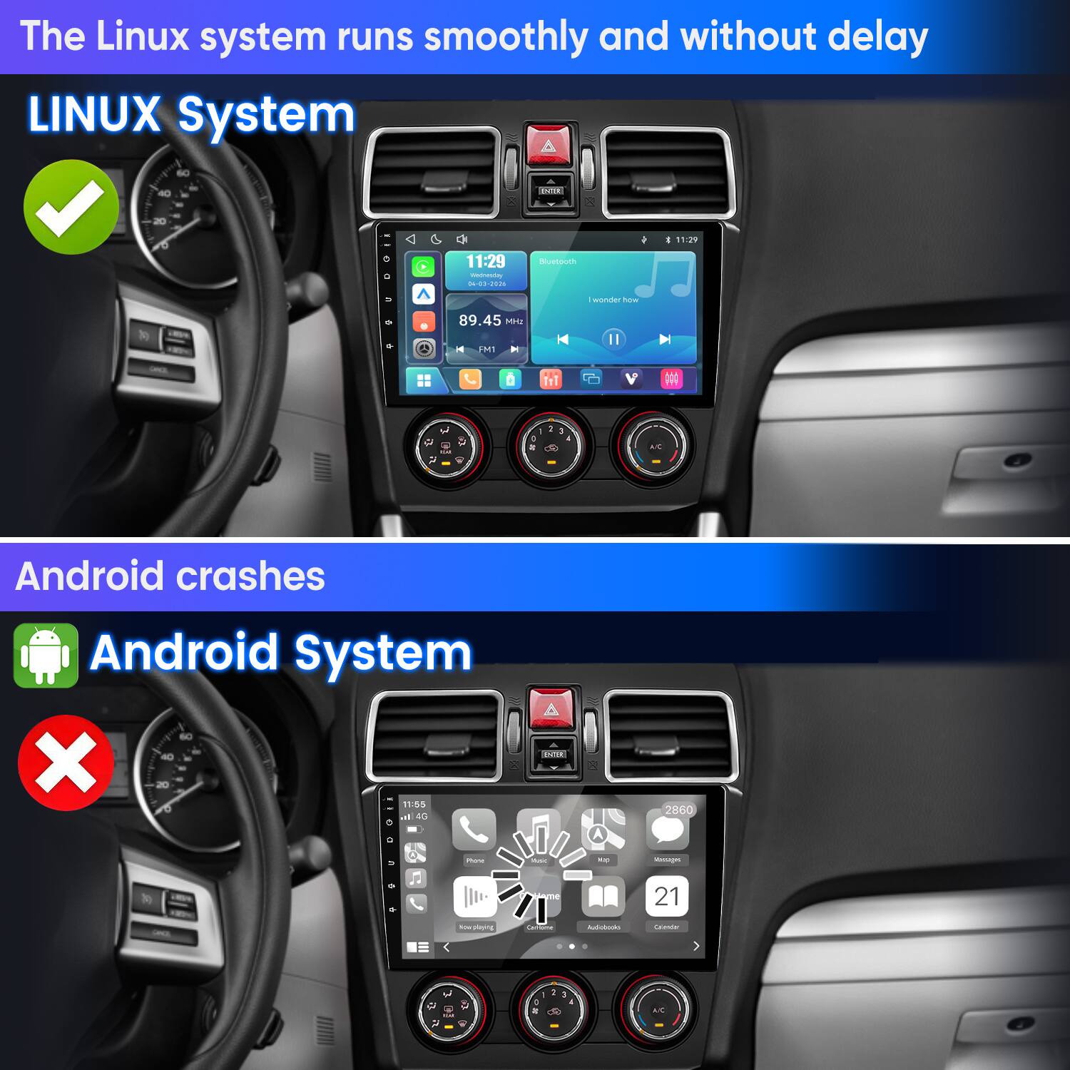 The Linux system runs smoothly and without delay

LINUX System

Android crashes

Android System