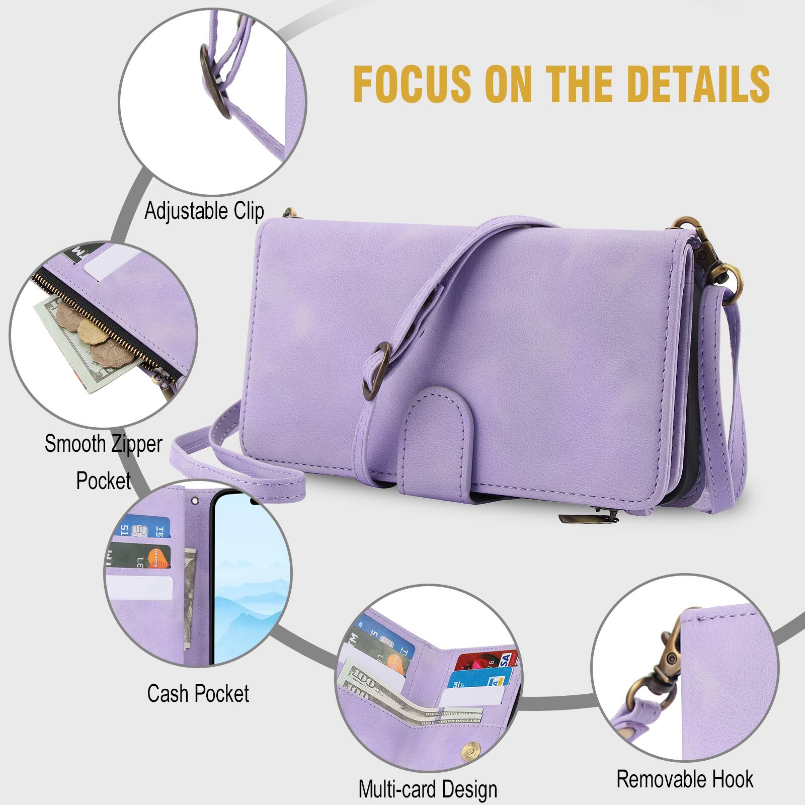 FOCUS ON THE DETAILS

- Adjustable Clip
- Smooth Zipper Pocket
- Cash Pocket
- Multi-card Design
- Removable Hook