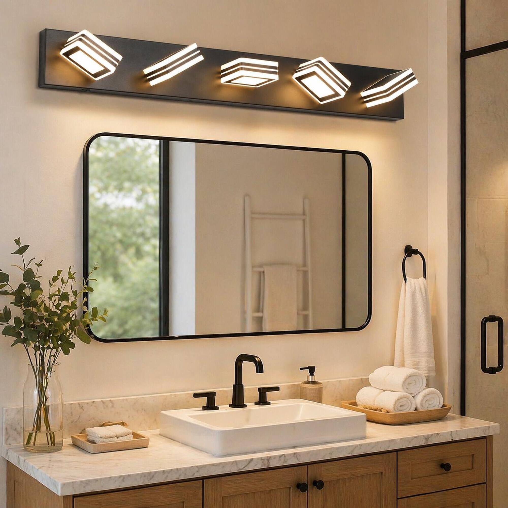 Left. RYHNUYNE - 5‑Light LED Vanity Light, 34" Modern Bathroom Wall Light Fixture, Over Mirror Bath Vanity Lighting - Black.