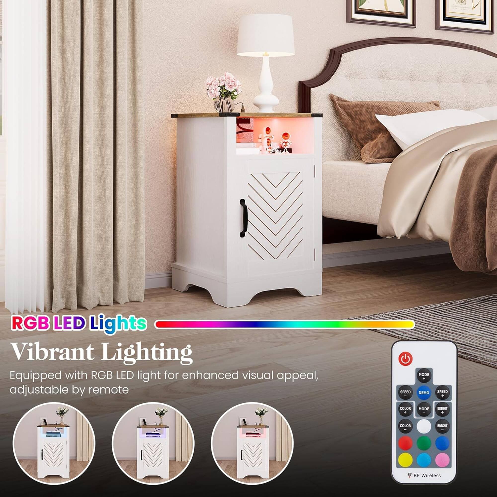 RGB LED Lights  
Vibrant Lighting  
Equipped with RGB LED light for enhanced visual appeal, adjustable by remote  

SPEED  
MOOE  
DEMO  
SPEED  

COLOR MODE  
COLOR  

RF Wireless