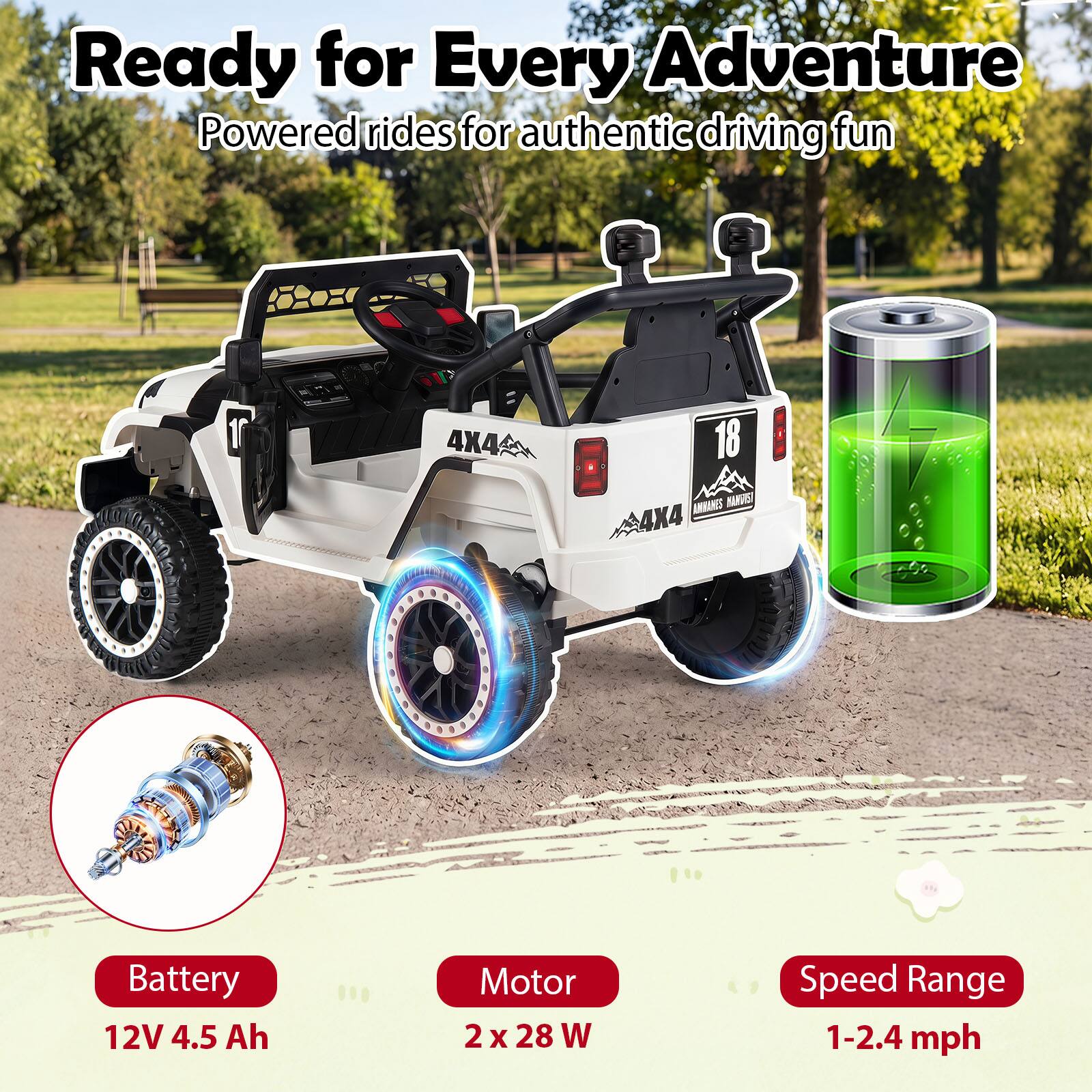 Ready for Every Adventure  
Powered rides for authentic driving fun  

1. 4X4  
18 AMNANTS BARUC 4X4  
Battery: 12V 4.5 Ah  
Motor: 2 x 28 W  
Speed Range: 1-2.4 mph