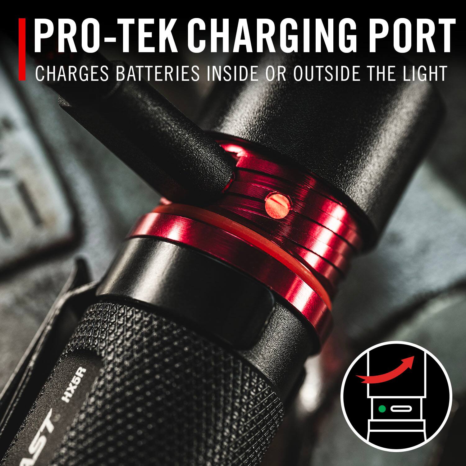 PRO-TEK CHARGING PORT  
CHARGES BATTERIES INSIDE OR OUTSIDE THE LIGHT  
HX6R