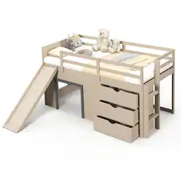 Costway - Twin Low Loft bed with Slide Ladder Storage Drawers Play Game Space Wooden - Beige,Gray