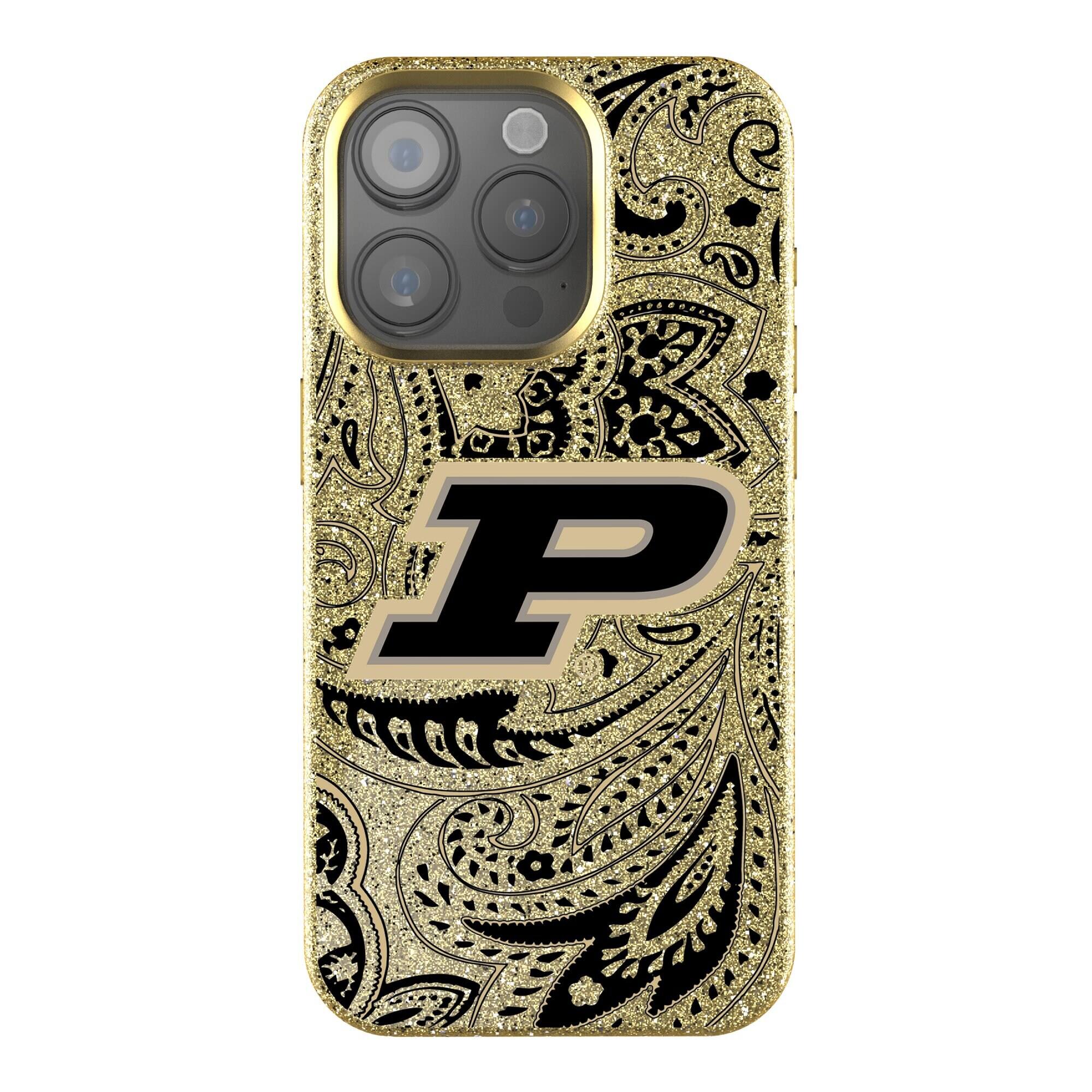 Front. Keyscaper - Purdue Boilermakers Paisley Bling iPhone Case - 15 Pro - Gold.