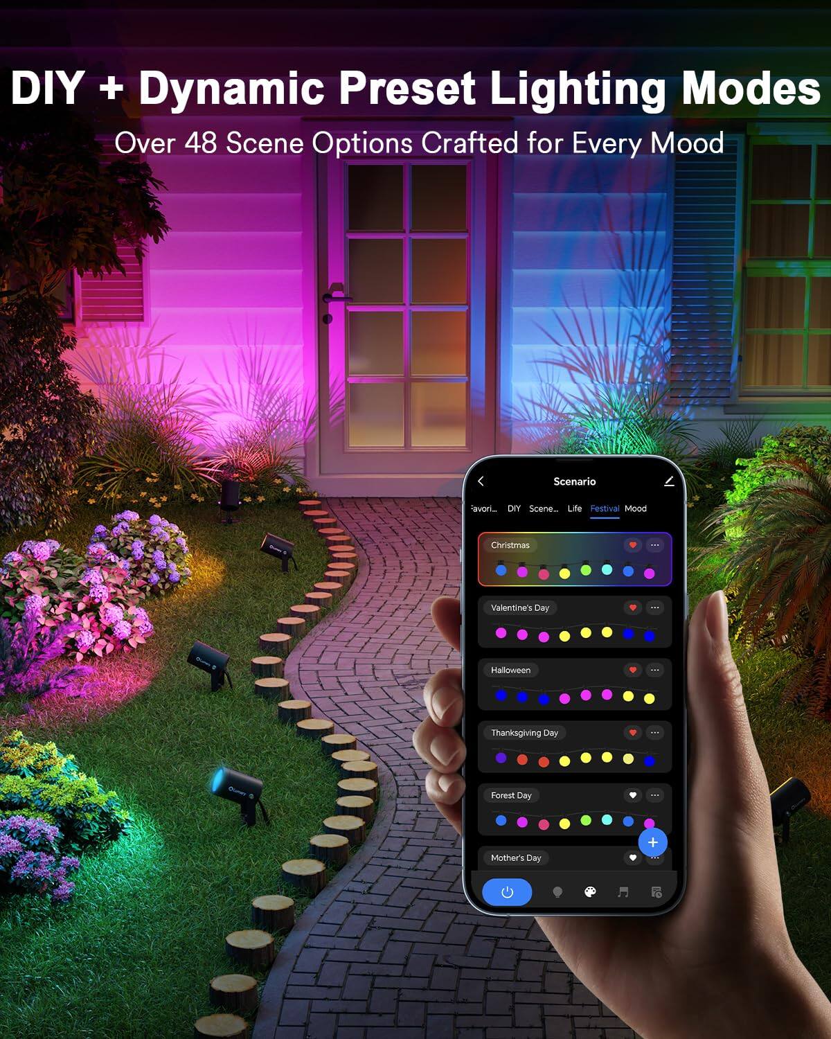 DIY + Dynamic Preset Lighting Modes  
Over 48 Scene Options Crafted for Every Mood  

Scene Options:  
- DIY Scene  
- Life  
- Festival Mood  
- Christmas  
- Valentine's Day  
- 1 Day  
- Halloween  
- Thanksgiving Day  
- Forest Day  
- Mother's Day
