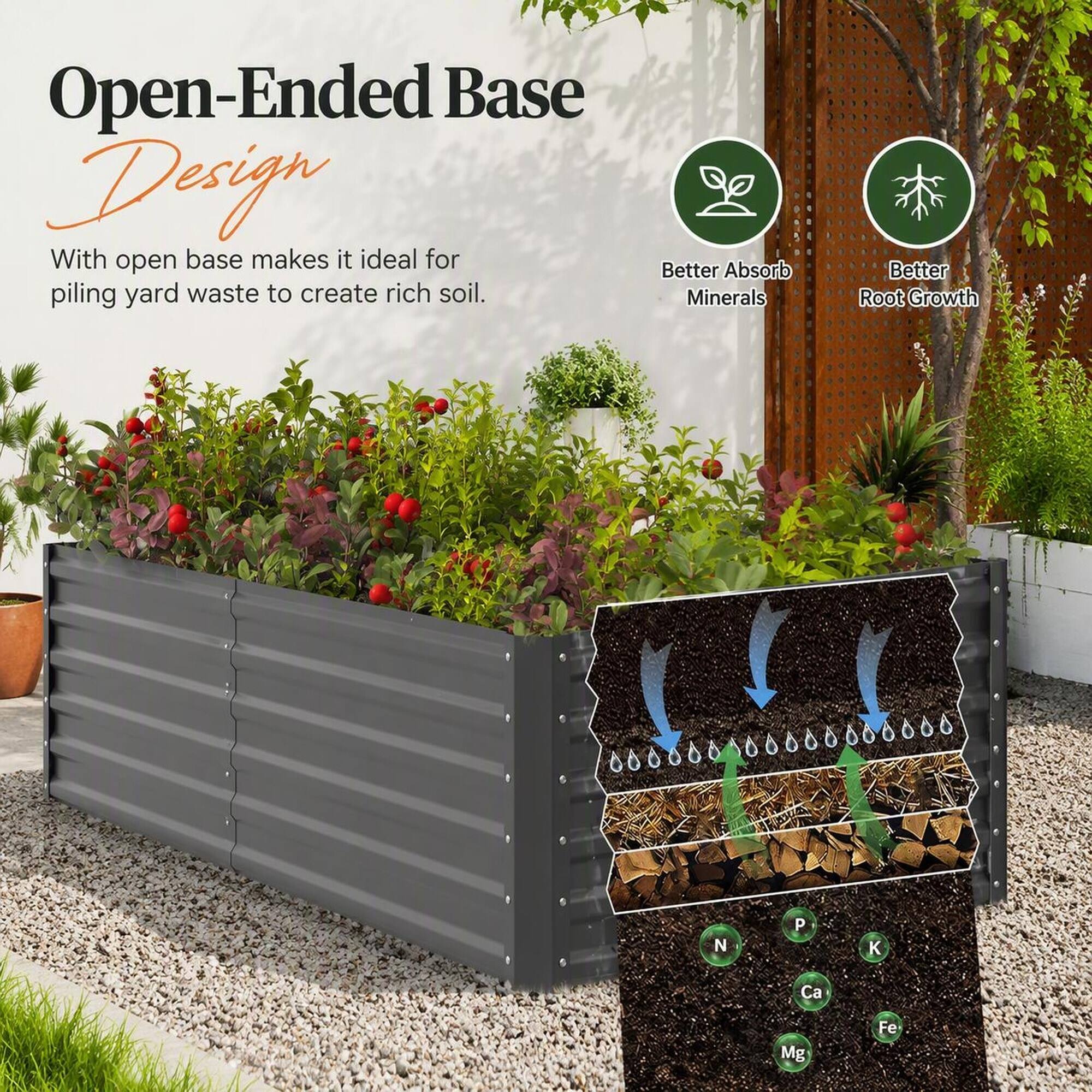 Open-Ended Base Design

With open base makes it ideal for piling yard waste to create rich soil.

Better Absorb Minerals
Better Root Growth

N
P
K
Ca
Mg
Fe