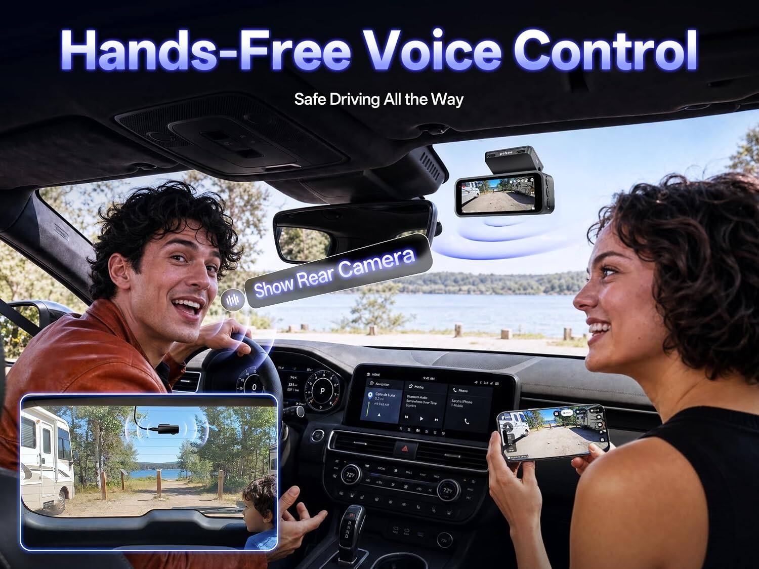 Hands-Free Voice Control  
Safe Driving All the Way  

Rear Camera Show  

NEME Navigation Cafe & 02m  
THE Media Ime Crumins  

Photos Percah's Iffore FAVURAL  

729  
72F