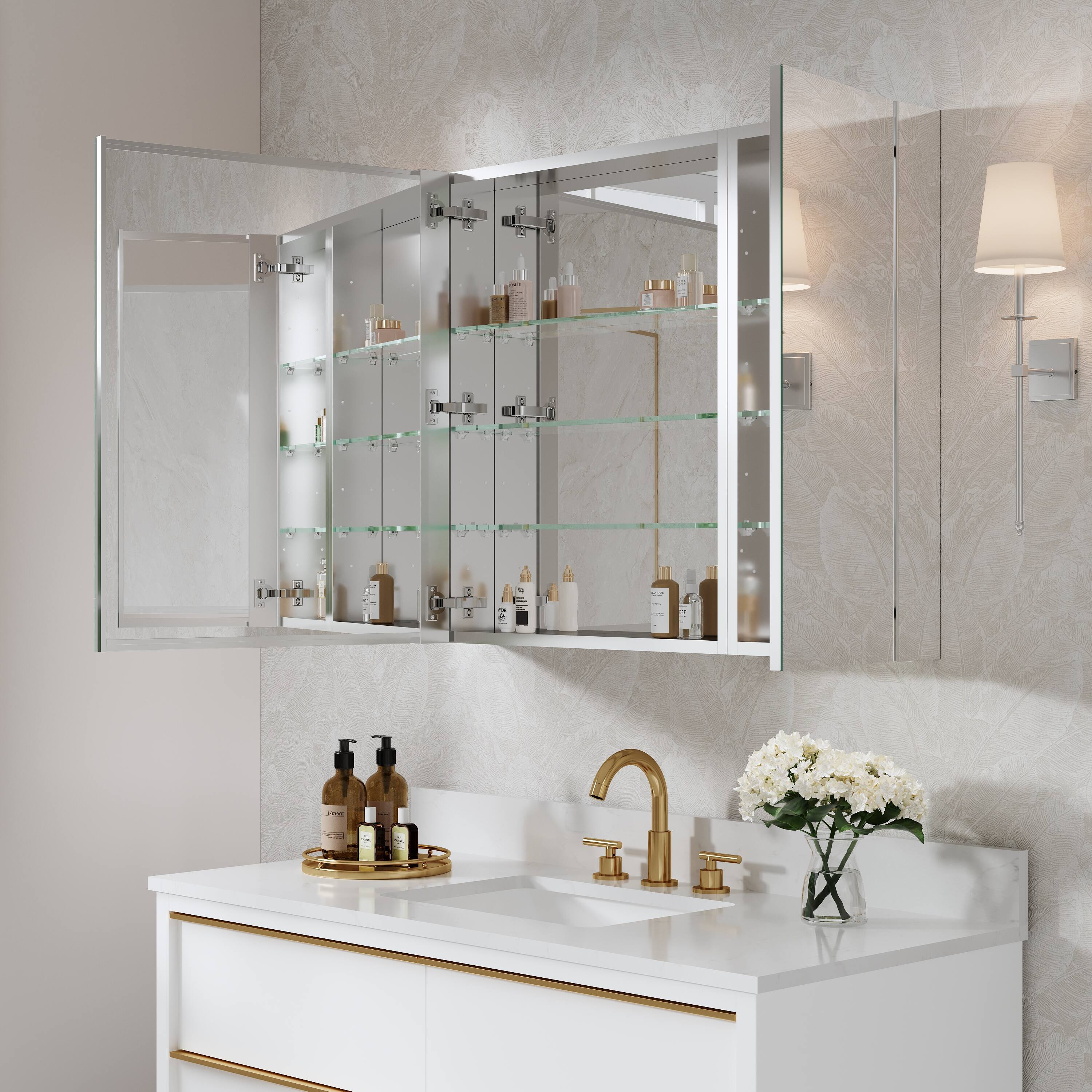 Left. WELLFOR - Combo 36 in. W x 30 in. H Rectangular Recess/Surface Mount Frameless Medicine Cabinet with Mirror, Soft Close Door - Silver.