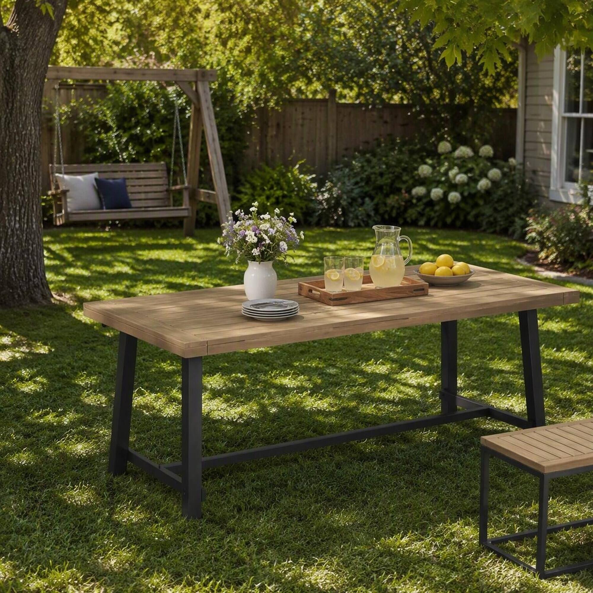 RYHNUYNE Outdoor Acacia Wood Dining Table with Rustic Grey Metal Frame ...