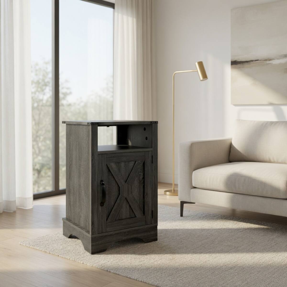 Left. Loheer - Loheer Farmhouse Nightstand with Charging Station, Dark Gray, 16-Inch Cabinet End Table - Dark Gray.