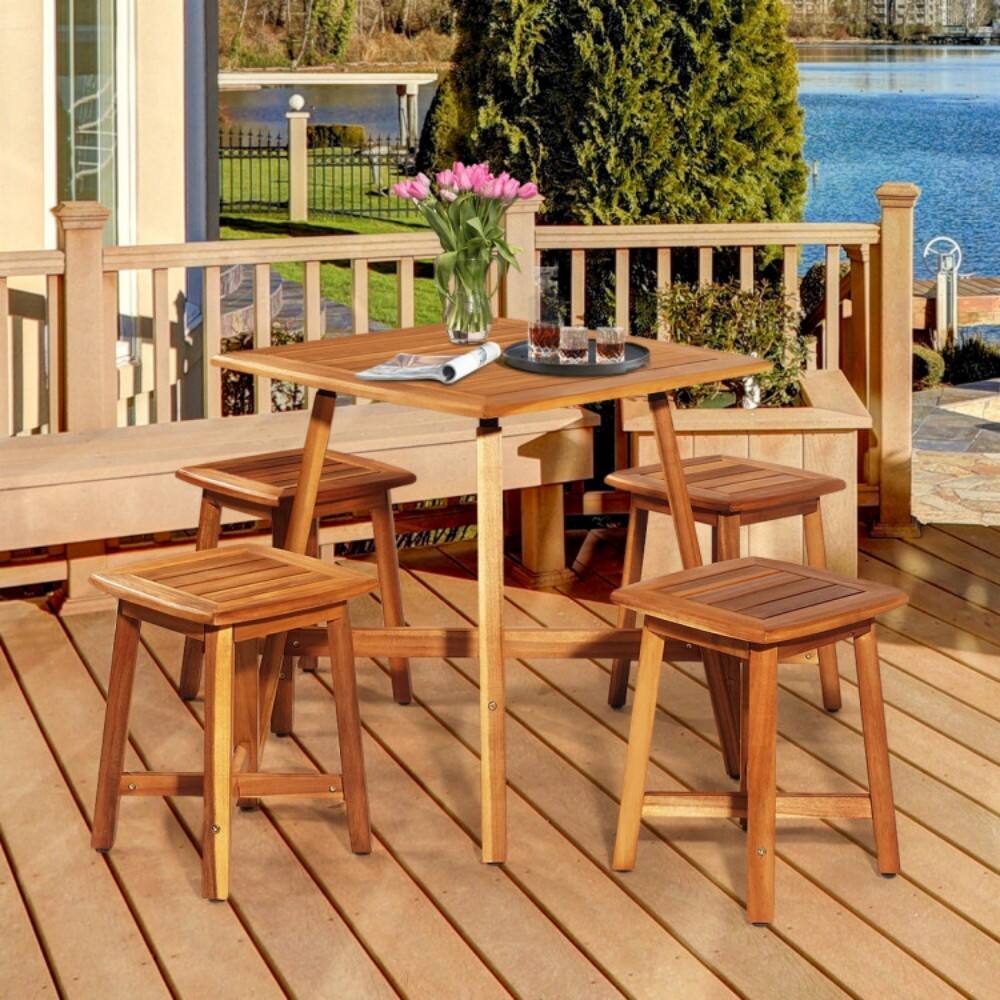 Angle. Mondawe - 5 Pieces Wood Patio Dining Set with Square Table and 4 Stools - Reddish brown.