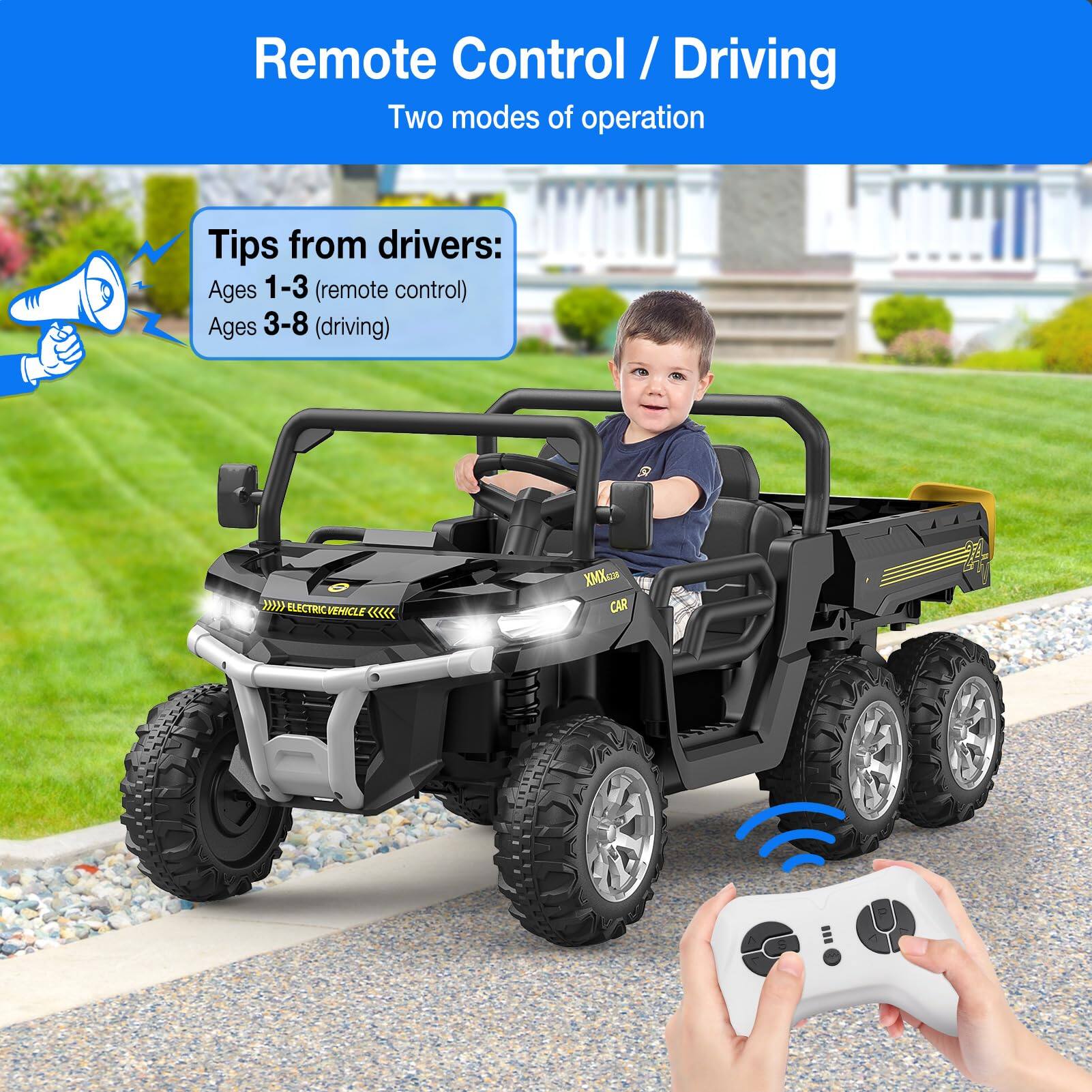 Remote Control / Driving  
Two modes of operation  

Tips from drivers:  
Ages 1-3 (remote control)  
Ages 3-8 (driving)  

ELECTRIC VEHICLE