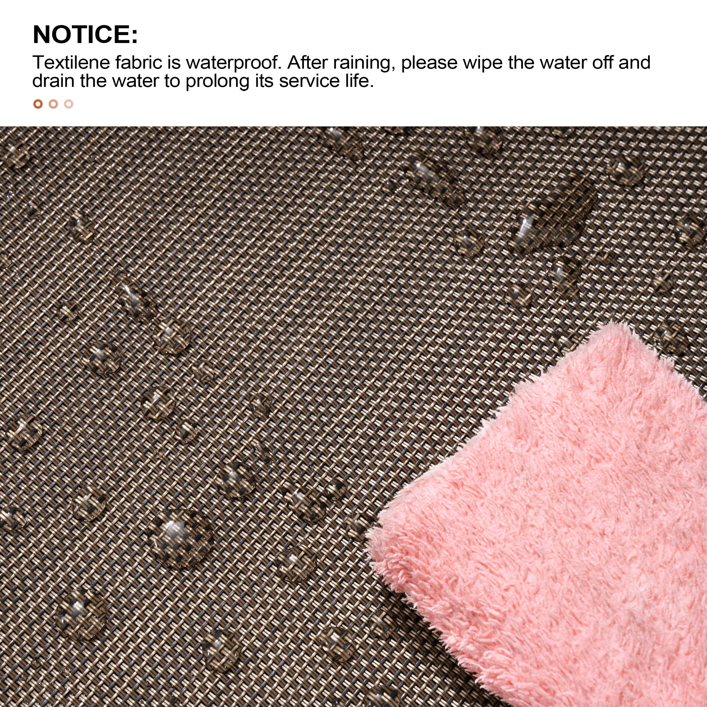 NOTICE:  
Textilene fabric is waterproof. After raining, please wipe the water off and drain the water to prolong its service life.