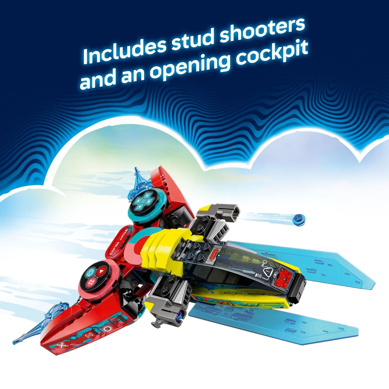 The text on the image reads: "Stud shooters Includes cockpit and an opening."