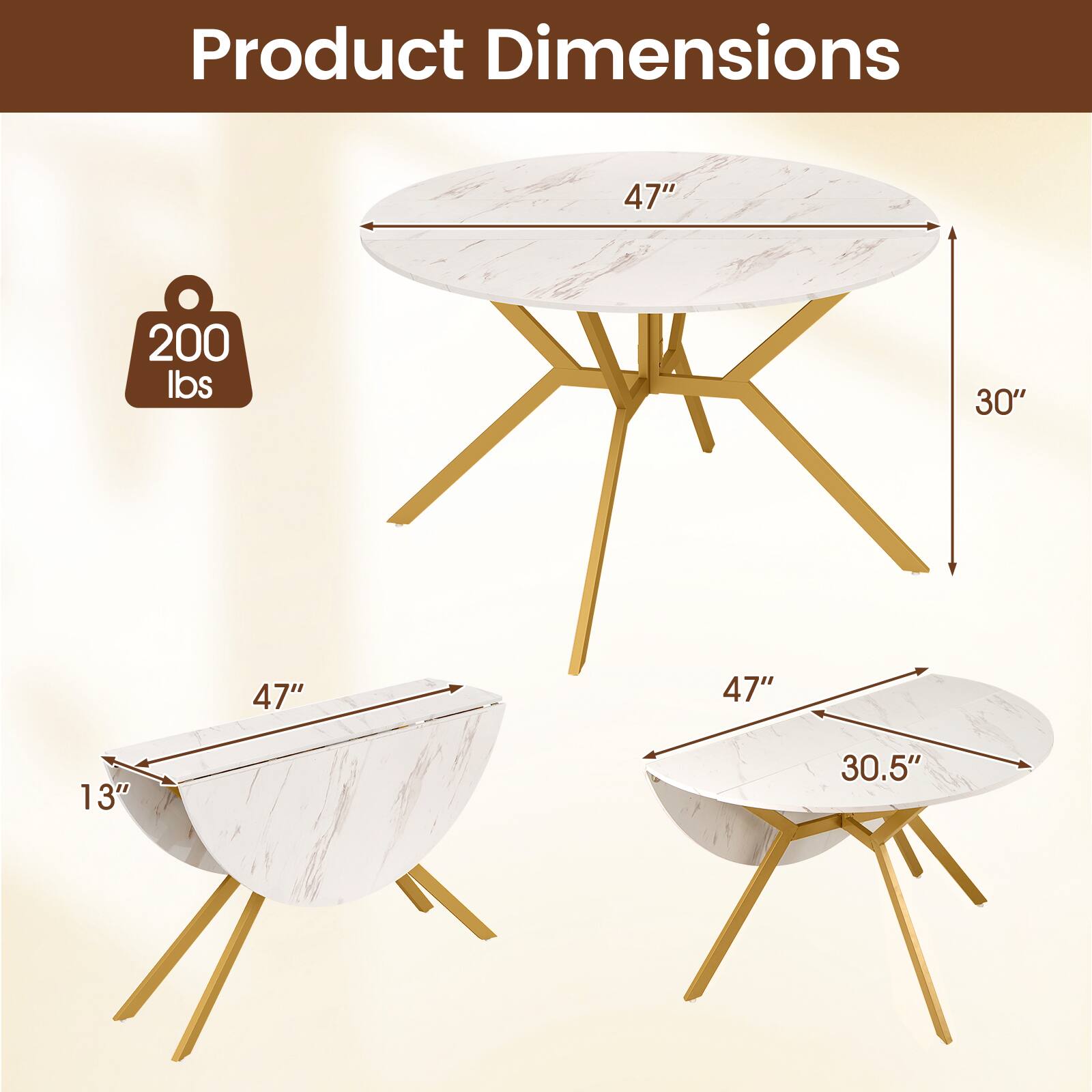 Product Dimensions  
47" (diameter)  
30" (height)  
200 lbs capacity  
47" (length) x 13" (width)  
47" (length) x 30.5" (width)