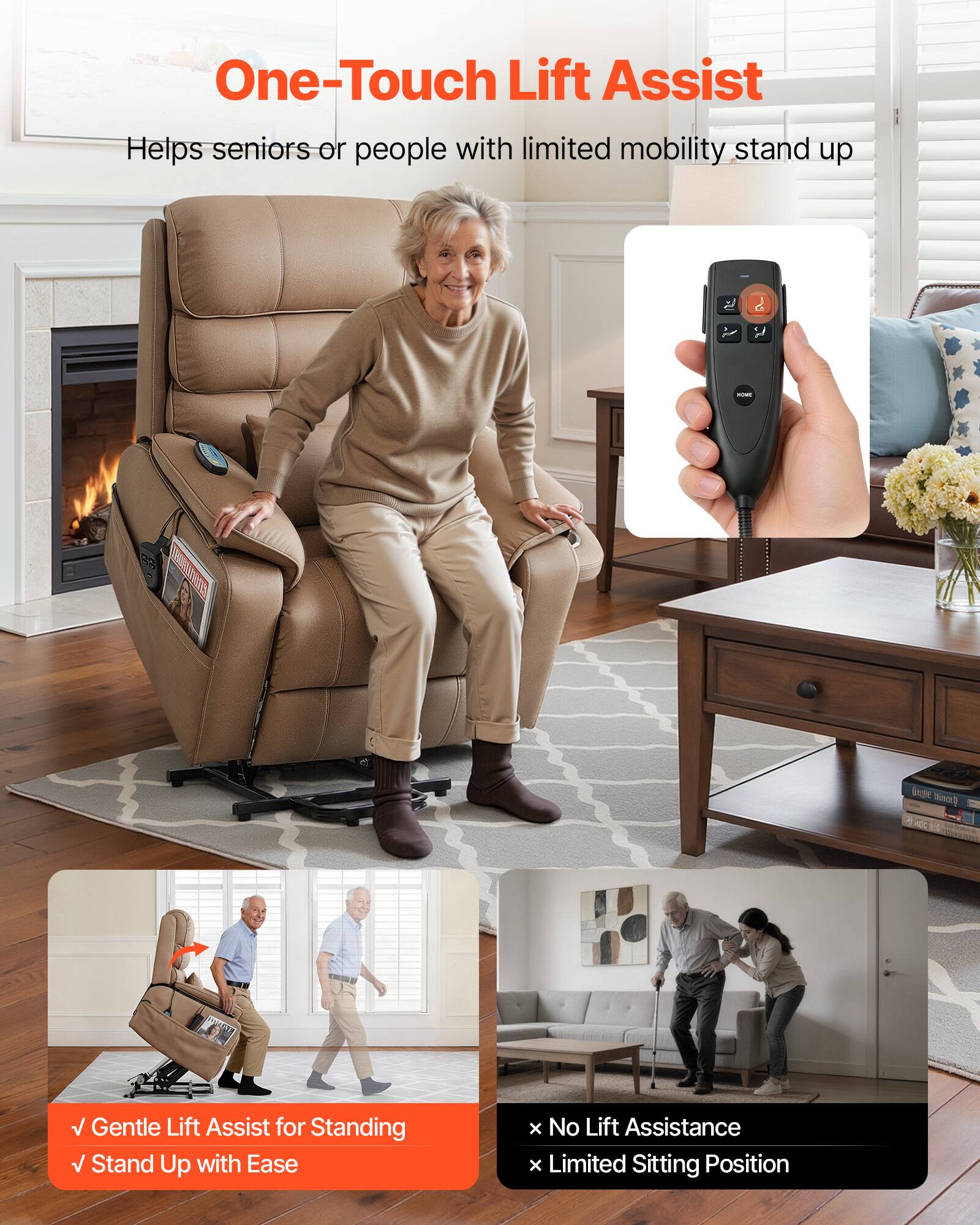 One-Touch Lift Assist  
Helps seniors or people with limited mobility stand up

- Gentle Lift Assist for Standing  
- Stand Up with Ease

- No Lift Assistance  
- Limited Sitting Position