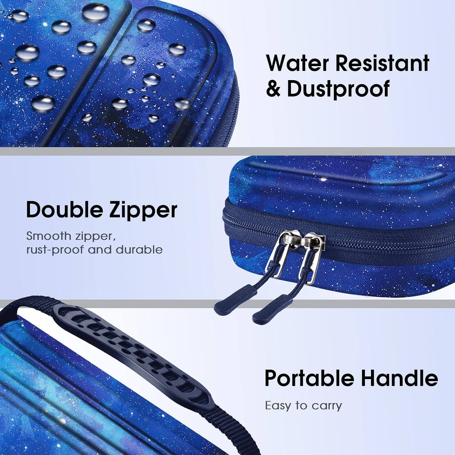 Water Resistant & Dustproof

Double Zipper
Smooth zipper, rust-proof and durable

Portable Handle
Easy to carry