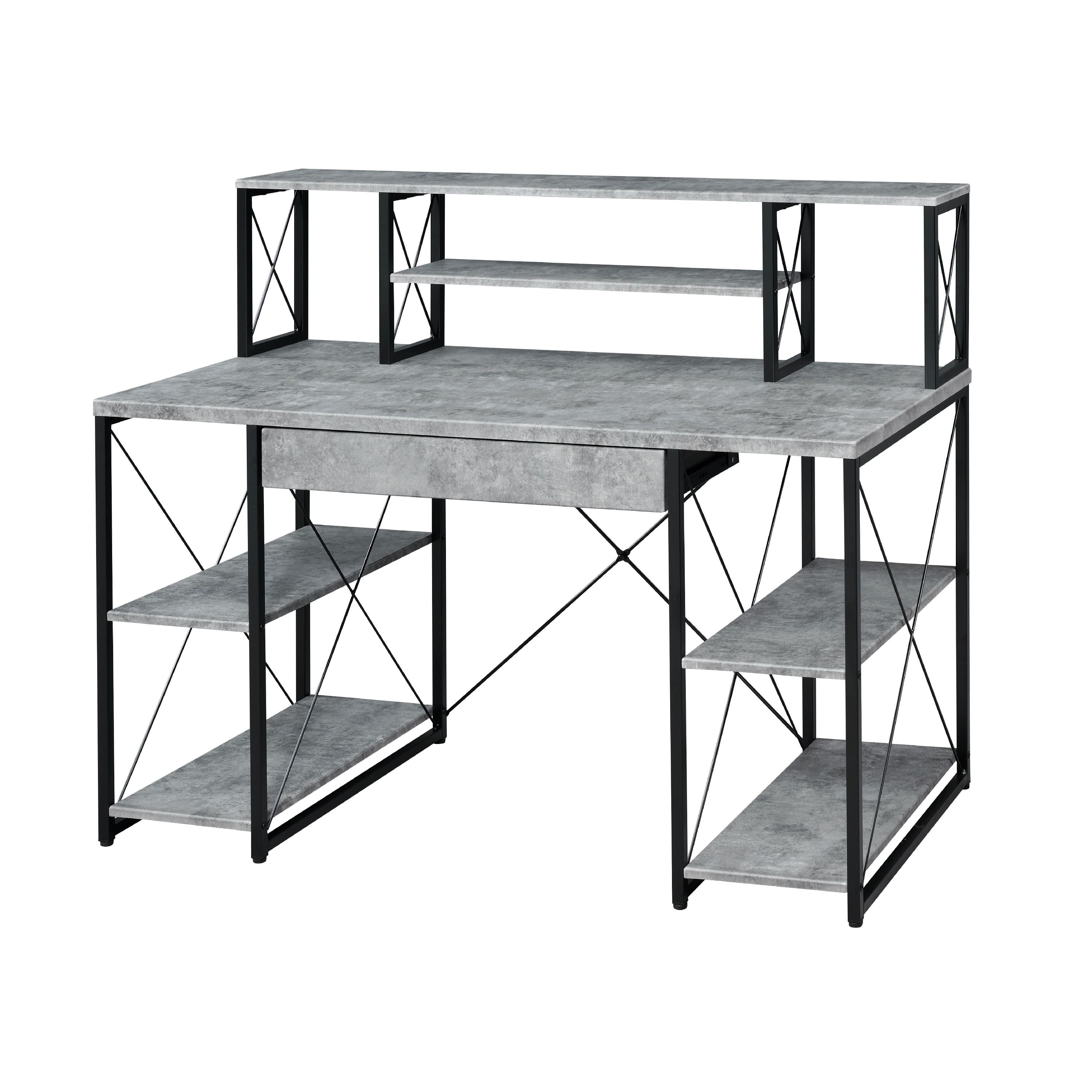 Manhattan Lane - Metal Desk with 4 Open Bottom Shelves and Bookcase Hutch, Gray and Black - Gray/Black