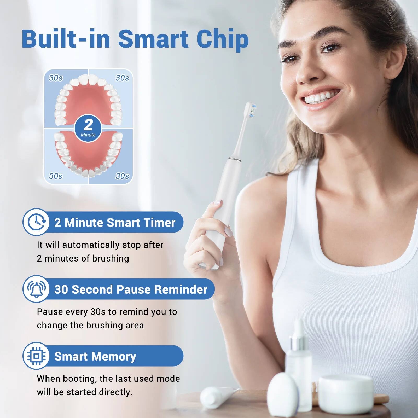 Built-in Smart Chip

- **2 Minute Smart Timer**
  - It will automatically stop after 2 minutes of brushing.

- **30 Second Pause Reminder**
  - Pause every 30s to remind you to change the brushing area.

- **Smart Memory**
  - When booting, the last used mode will be started directly.