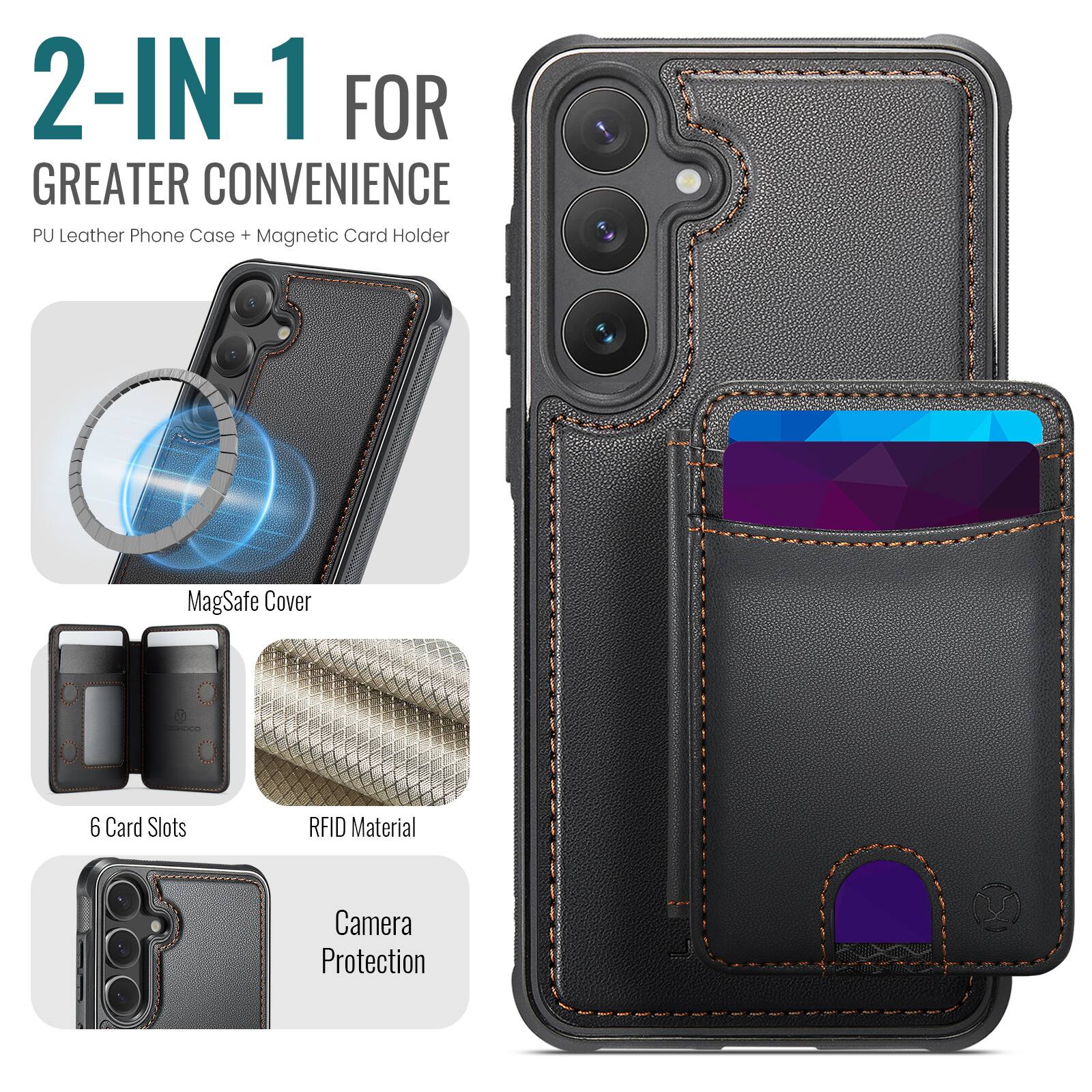 2-IN-1 FOR GREATER CONVENIENCE  
PU Leather Phone Case + Magnetic Card Holder  

- MagSafe Cover  
- 6 Card Slots  
- RFID Material  
- Camera Protection