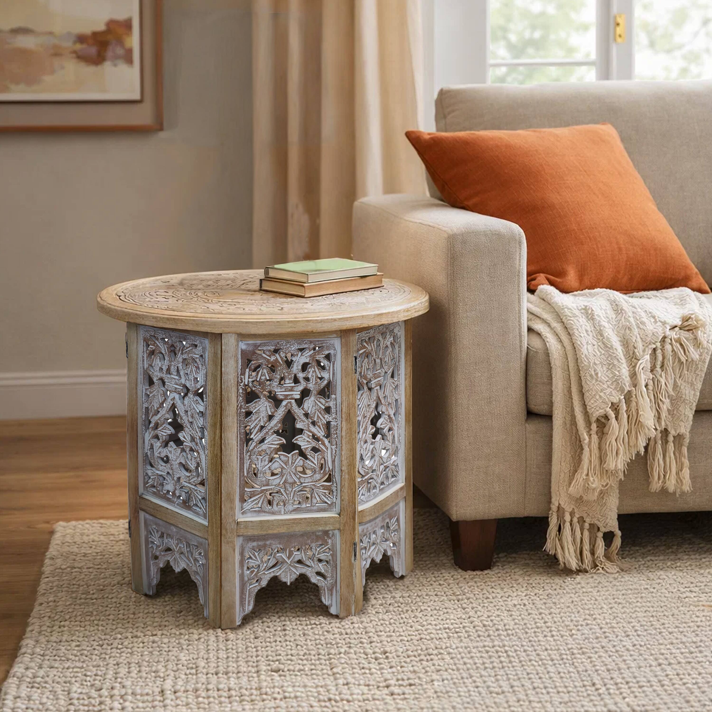 Alt View 10. Manhattan Lane - Accent Side Table, 24 Inch Round Top, Mango Wood Floral Cut Out Carved Motifs - Natural Brown, Washed White.