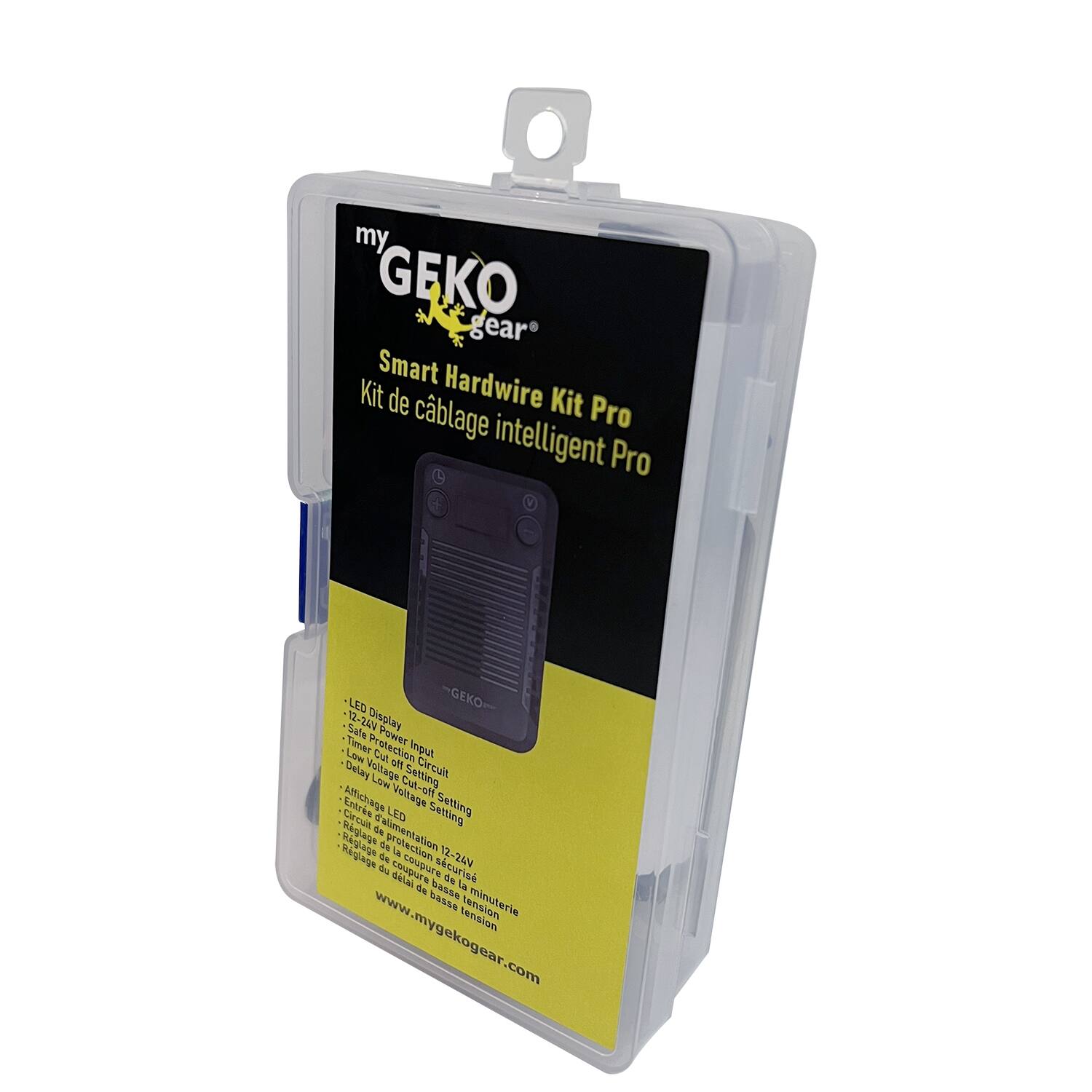 my GEKO gear  
Smart Hardwire Kit Pro  
Kit de câblage intelligent Pro  

- LED Display  
- Save Power Input  
- Low Voltage Cut-off Circuit  
- Low Voltage Setting  
- Delay Voltage Setting  
- Circuit LED  
- Alimentation 12-24V  
- Réglage de coupure basse tension  

www.mygekogear.com