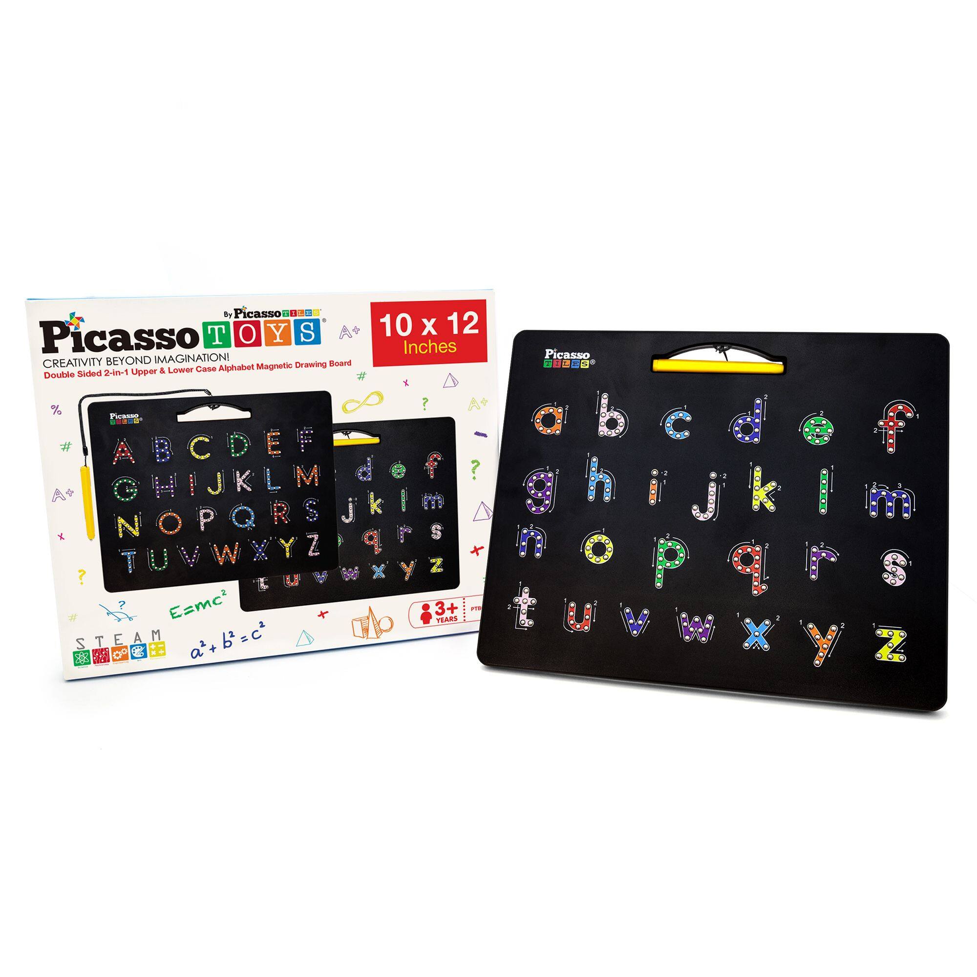 Picasso Toys  
Creativity Beyond Imagination!  
Double Sided 2-in-1 Upper & Lower Case Alphabet Magnetic Drawing Board  
10 x 12 Inches  

A+  
STEAM  
E=mc²  
a² + b² = c²  
3+ Years  

#  
%  
@  
?  
!  
&  
*  
+  
-  
=  
/  
\  
(  
)  
[  
]  
{  
}  
:  
;  
"  
'  
<  
>  
,  
.  
|  
\  
/  
A B C D E F  
G H I J K L M  
N O P Q R S  
T U V W X Y Z  
a b c d e f  
g h i j k l m  
n o p q r s  
t u v w x y z