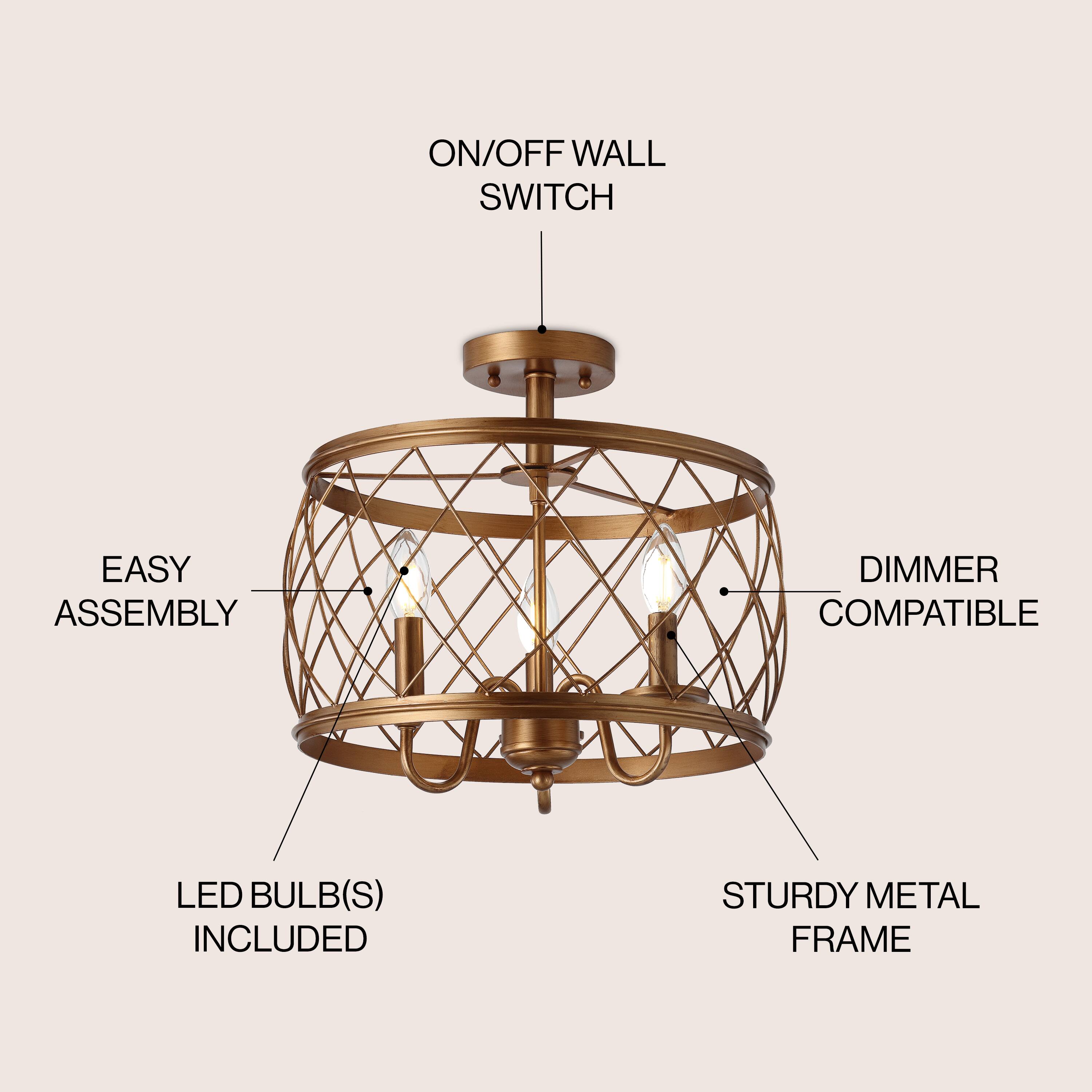 ON/OFF WALL SWITCH  
EASY ASSEMBLY  
DIMMER COMPATIBLE  
LED BULB(S) INCLUDED  
STURDY METAL FRAME