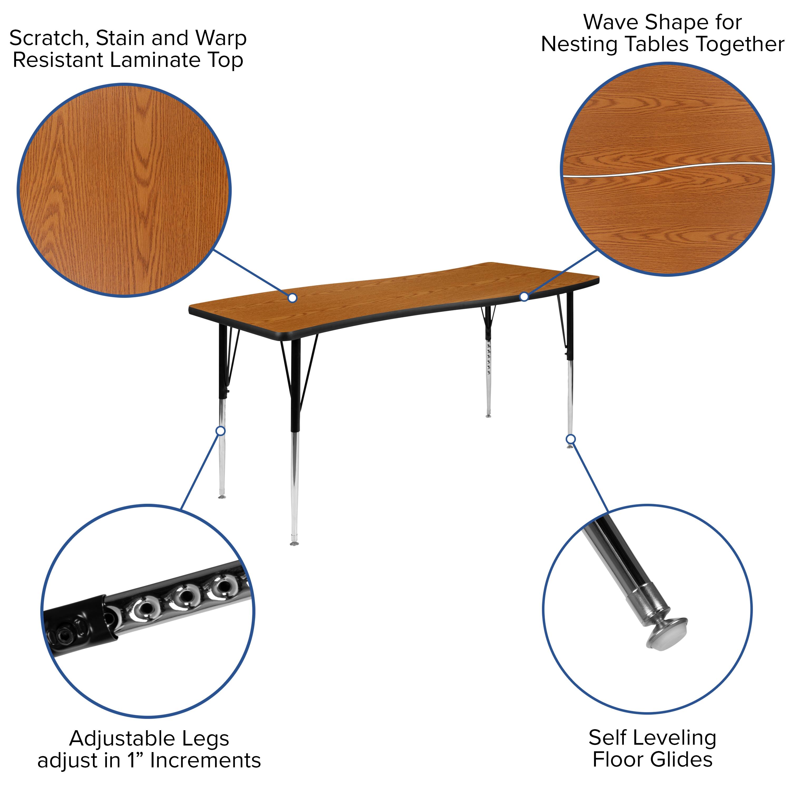 Scratch, Stain and Warp Resistant Laminate Top

Wave Shape for Nesting Tables Together

Adjustable Legs adjust in 1" Increments

Self Leveling Floor Glides