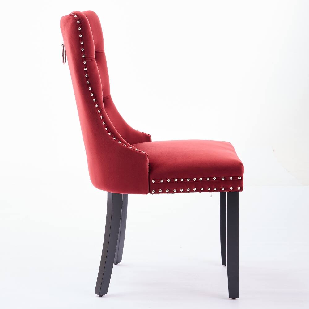 Back. Loheer - Loheer Burgundy Velvet Tufted Dining Chairs Set of 2 High Back Solid Wood Legs - Burgundy.