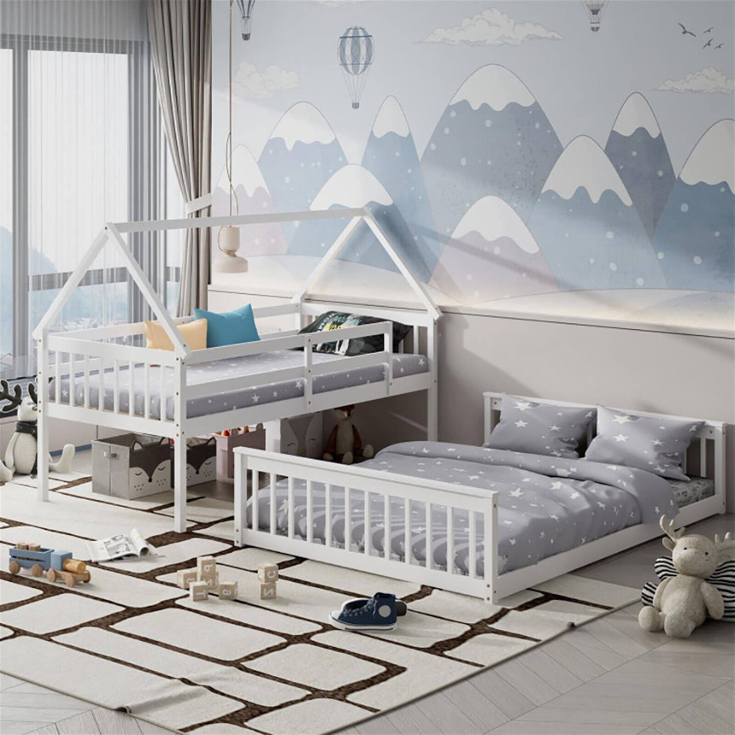 Alt View 4. Pefilos - Twin Over Full Bunk Bed with Ladder and Guardrails, House Twin Bunk Beds, Bed Frame - White.