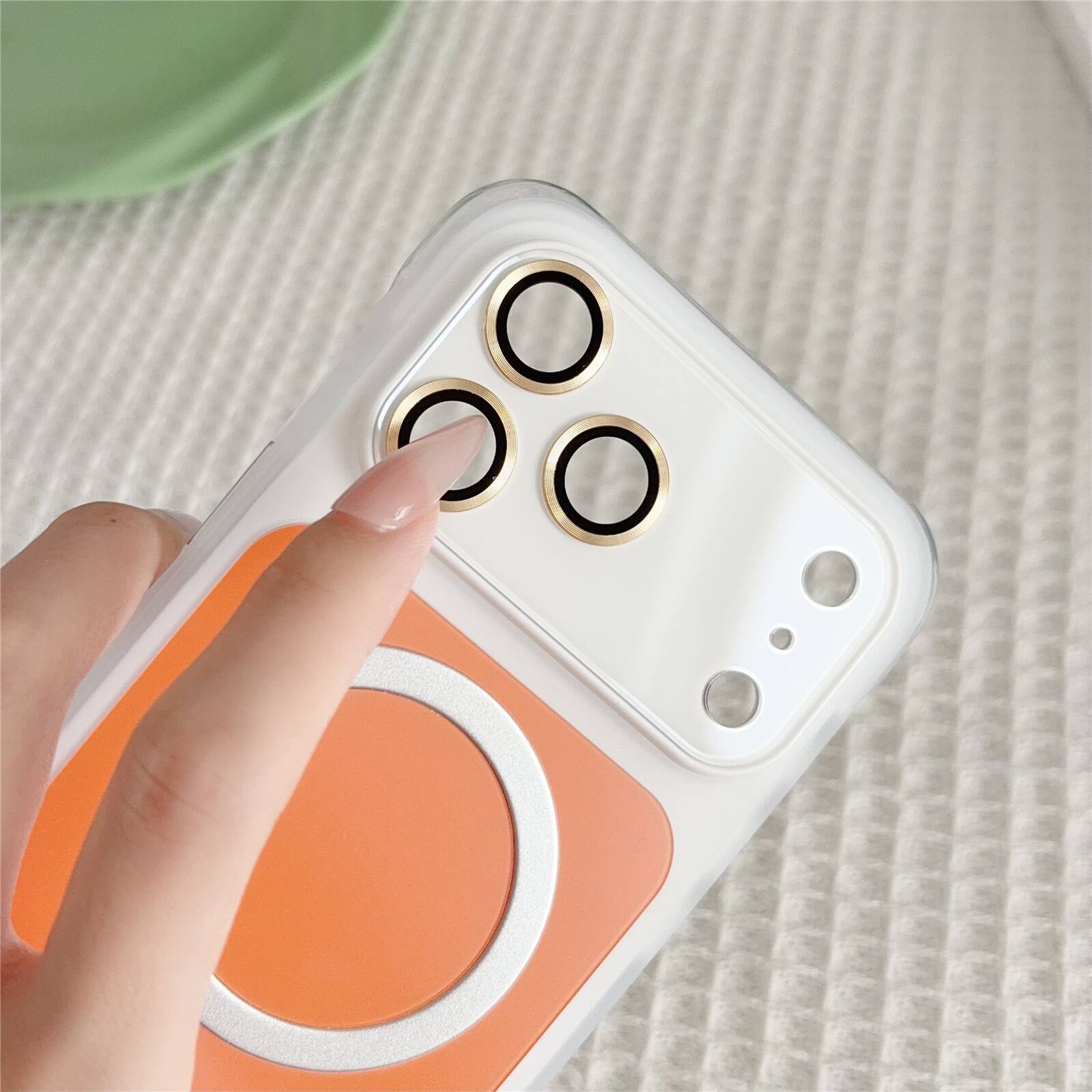 Left. Dteck - Magnetic Case for Apple iPhone 17 Pro Max with Built-in Lens Protector, Slim Dual-Layer Shockproof Protective Cover - Whiteorange.