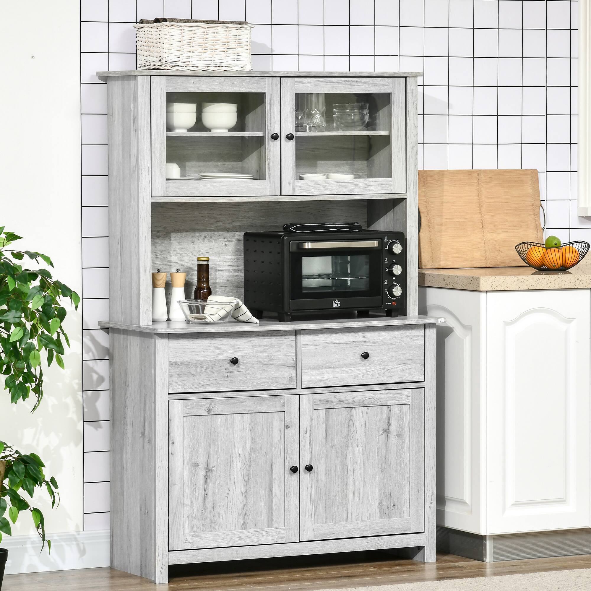 Alt View 1. Homcom - 63.5" Kitchen Buffet, Pantry Storage Cabinet with 4 Shelves, Drawers, Framed Glass Doors, Open Microwave Countertop - Ash Grey.
