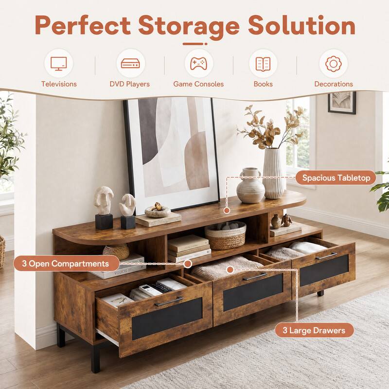 Perfect Storage Solution

- Televisions
- DVD Players
- Game Consoles
- Books
- Decorations

Spacious Tabletop

3 Open Compartments

3 Large Drawers