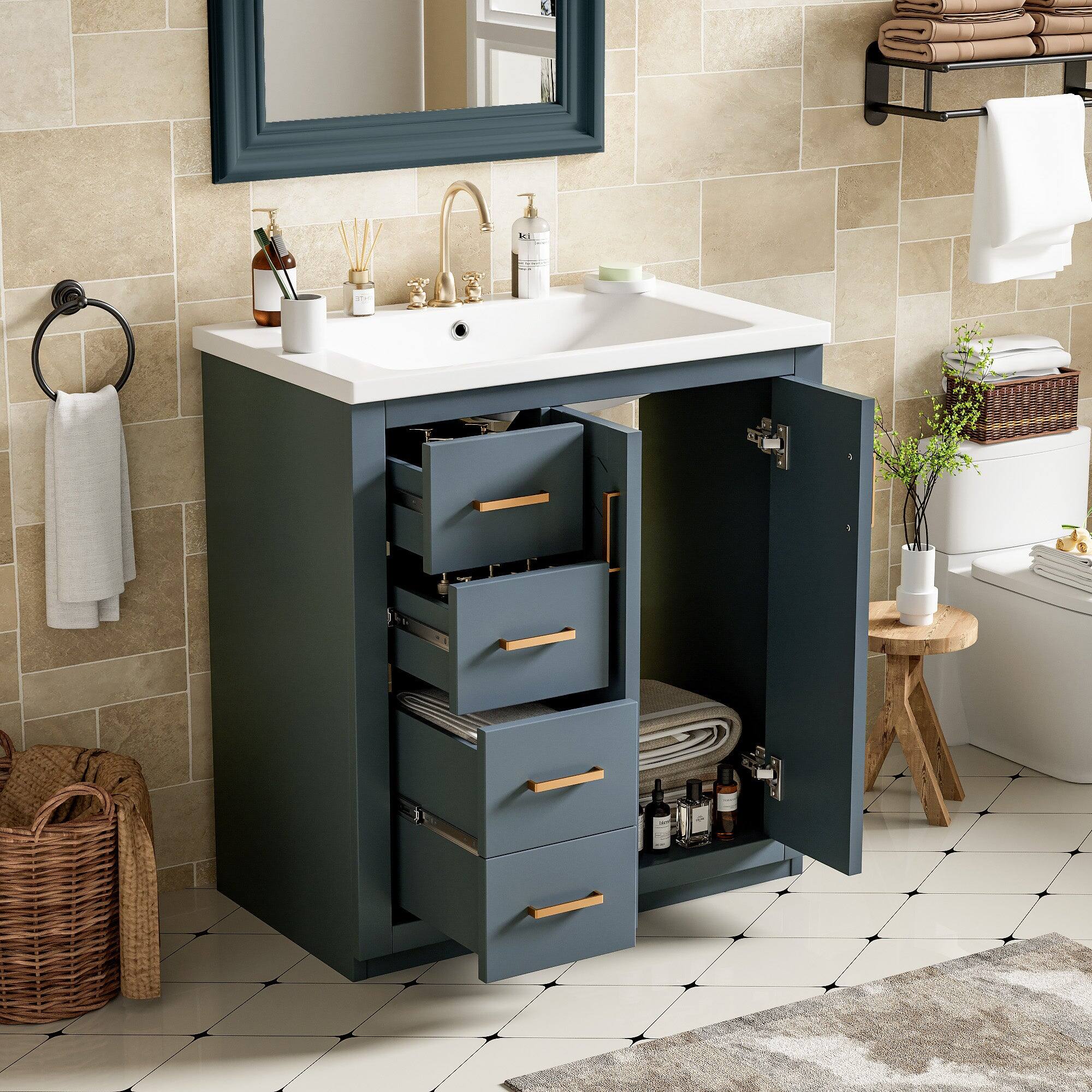 Alt View 2. Boyel Living - 30 Inch Bathroom Vanity Blue with Ceramic Sink Solid Wood Frame 3 Drawers 1 Cabinet - Blue.