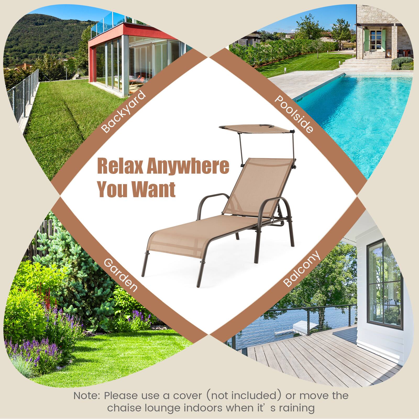Relax Anywhere You Want, Backyard, Poolside, Garden, Balcony, Note: Please use a cover (not included) or move the chaise lounge indoors when it's raining