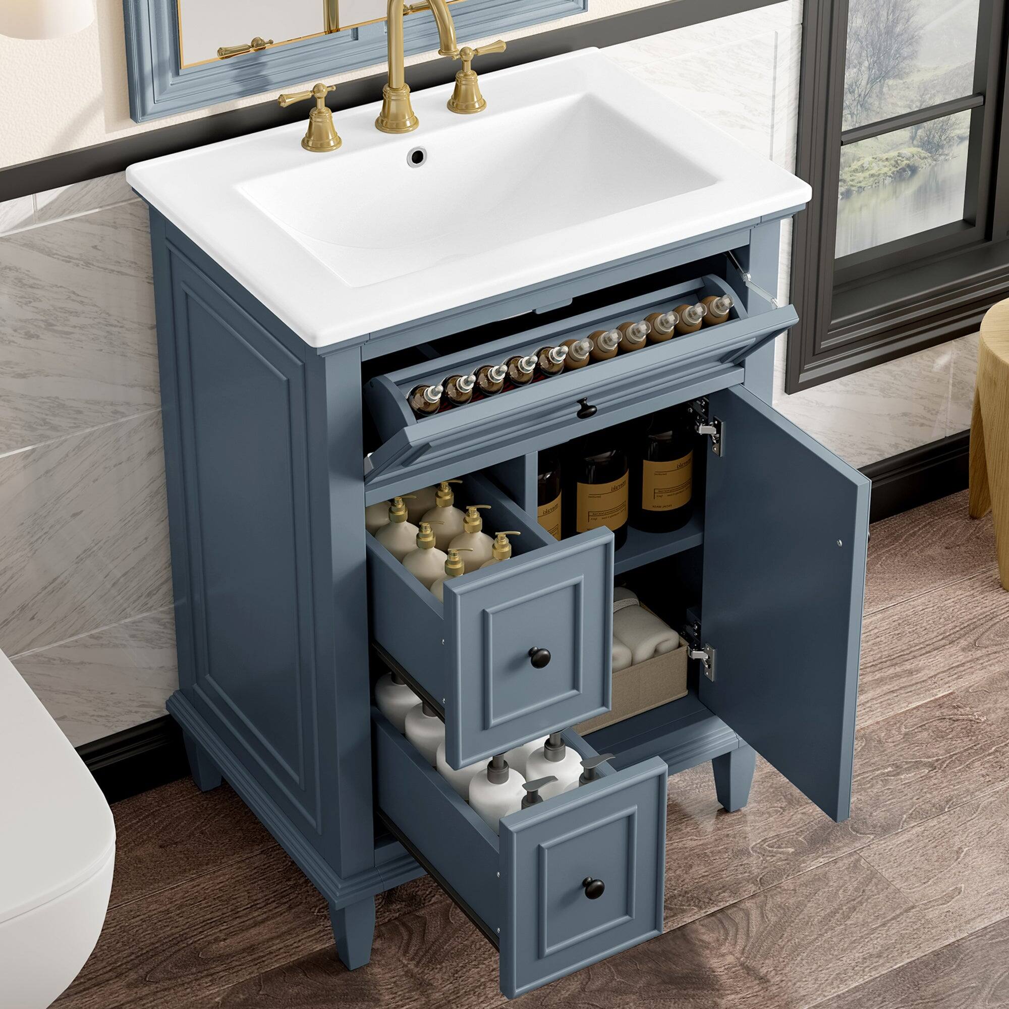 Alt View 5. Boyel Living - 24 Inch Bathroom Vanity with Sink Cabinet with One Flip Drawer and Two Drawers Adjustable Shelf Solid Wood MDF Blue Gray - Blue Gray.