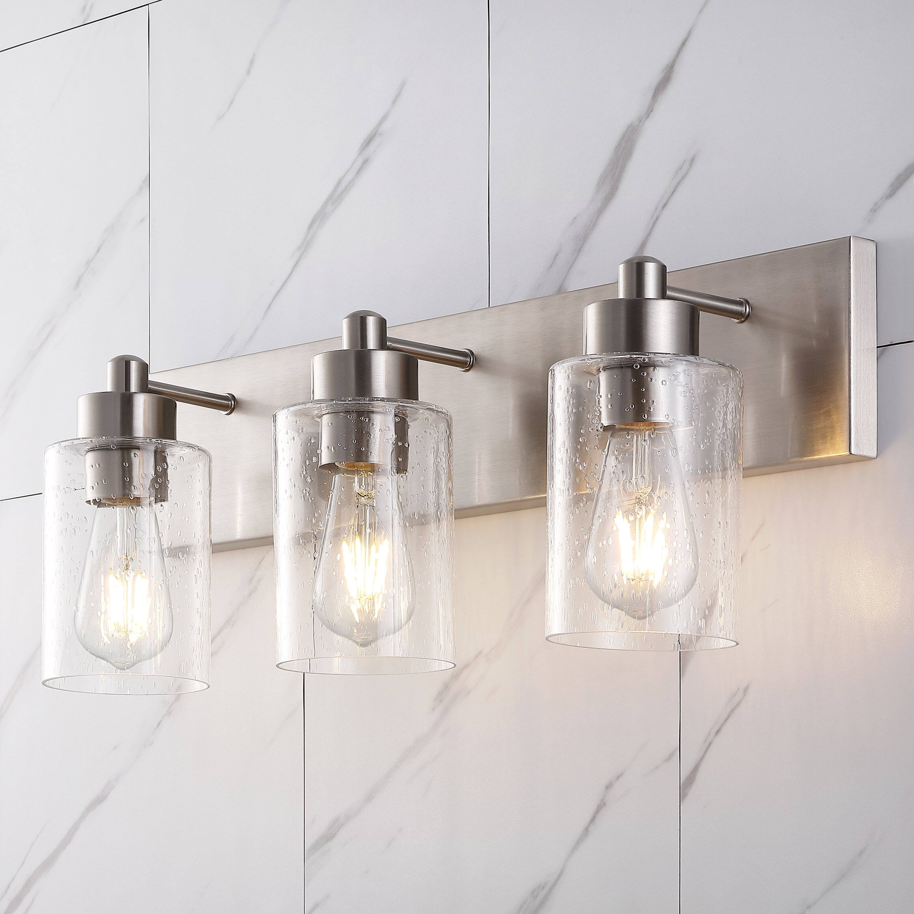 Alt View 1. Jonathan Y - Irving 22" 3-Light Seeded Glass/Iron Modern Contemporary LED Vanity Light, Nickel - Nickel.