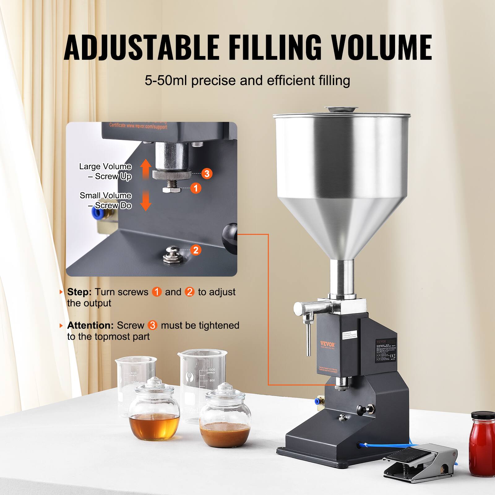 ADJUSTABLE FILLING VOLUME  
5-50ml precise and efficient filling  

Large Volume – Screw Up  
Small Volume – Screw Do  

Step: Turn screws 1 and 2 to adjust the output  

Attention: Screw 3 must be tightened to the topmost part