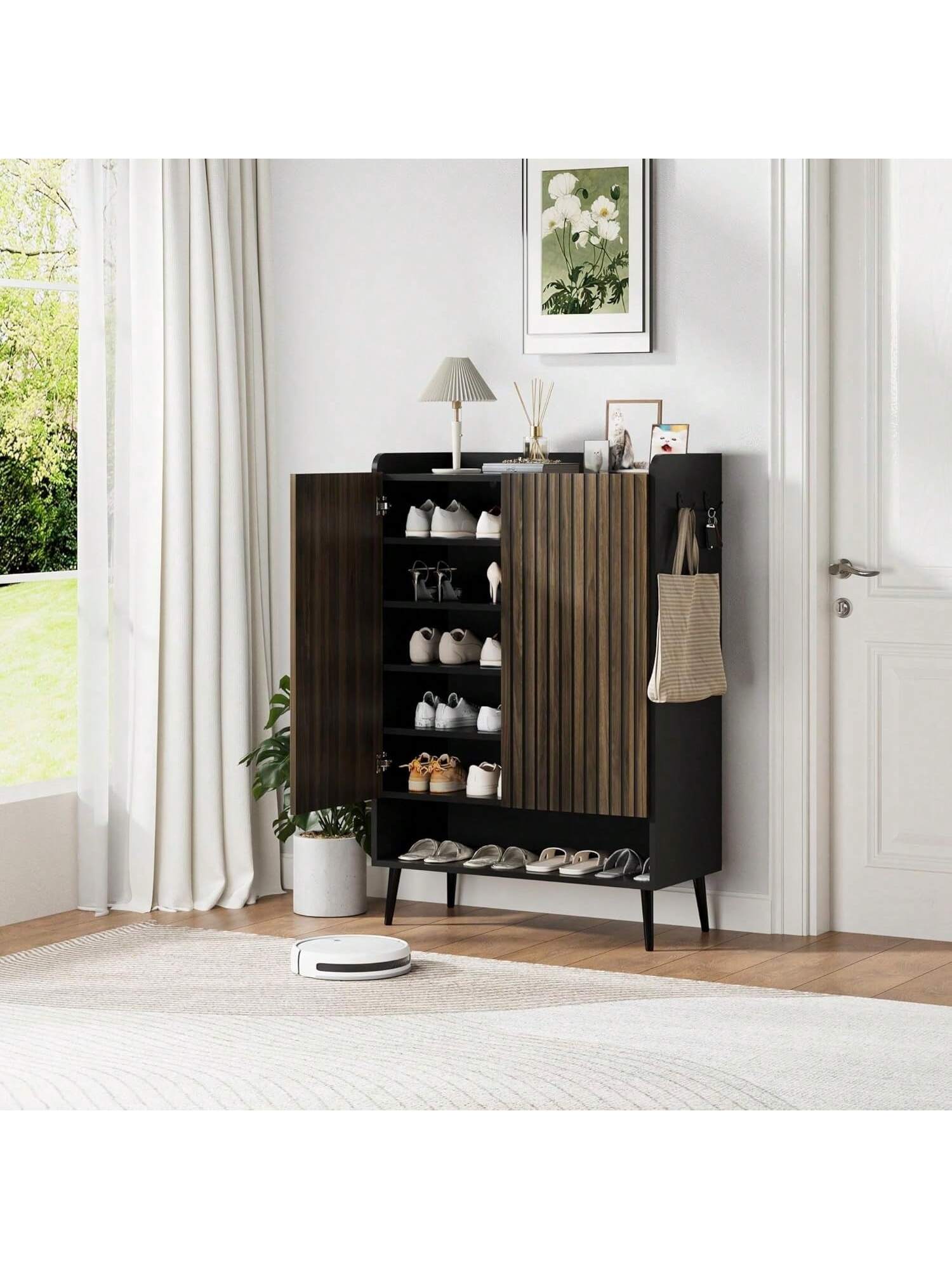 Back. GARVEE - Large Shoe Cabinet With 2 Doors 6 Tier Entryway Shoe Storage Cabinet With Adjustable Shelves Freestanding - Black - 2 Doors.