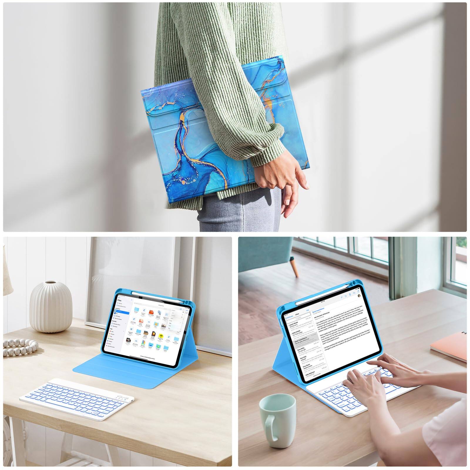 Alt View 3. Pacoar Cade - For Ipad (a16) 11th/10th Generation Case With Keyboard(2025/2022)-7 Color Backlight Wireless Detachable Folio Cover - Watermelon Marble.