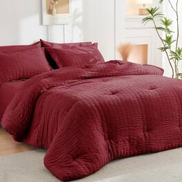 Dazzed Corner - Seersucker 5/7 Pieces Bed in a Bag Comforter Set with Sheets, Pillowcases & Shams - Burgundy