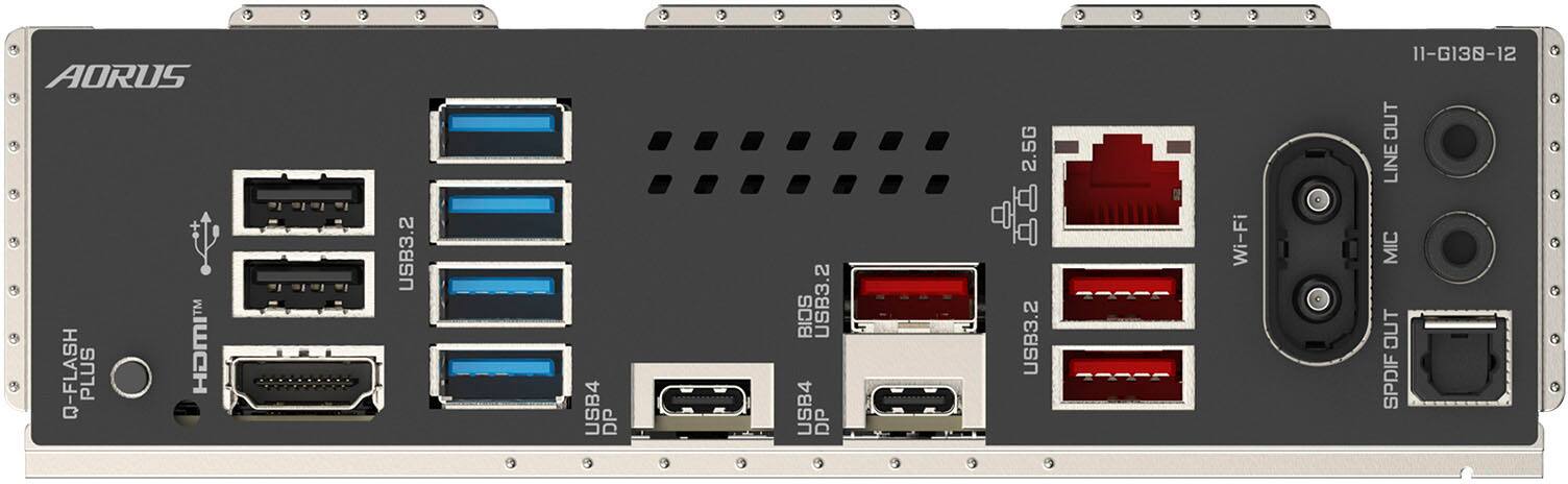Aorus Q-Flash Plus IIWCH USB3.2 USB4 DP BIOS USB3.2 USB4 DP 2.5G USB3.2 Wi-Fi 11-GI38-12 OUT LINE MIC OUT SPDIF