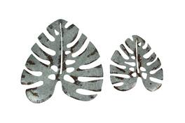 Zeckos - Set of 2 Galvanized Zinc Finish Metal Monstera Leaf Sculptures Wall Hangings - Gray
